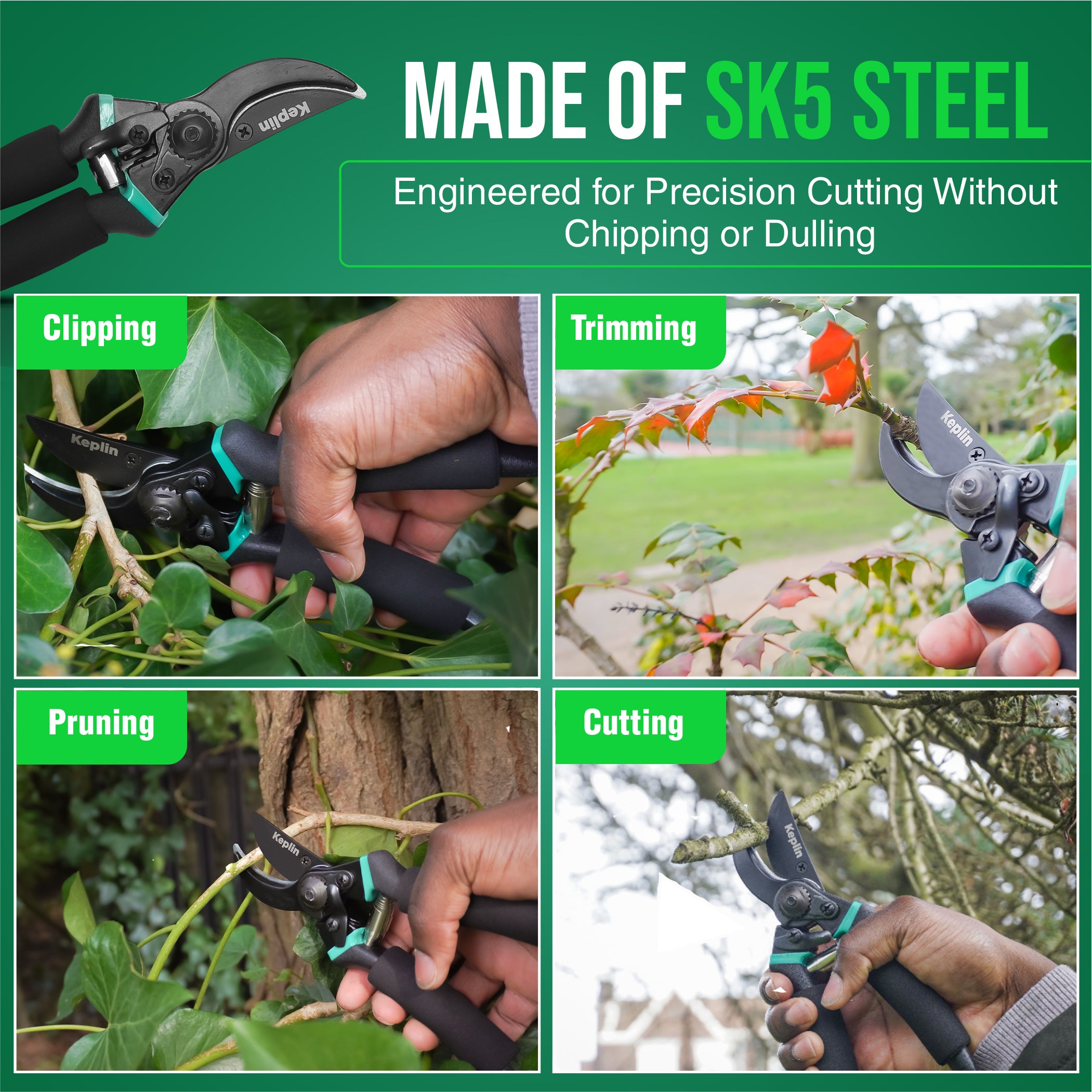 Keplin - 8" Garden Secateurs | Titanium Steel Blades, Drop Forged Aluminum Handles, Non-Slip Grip | Heavy Duty Pruning Shears for Gardening, Tree Branch Cutter with Sap Groove, Rust-Resistant