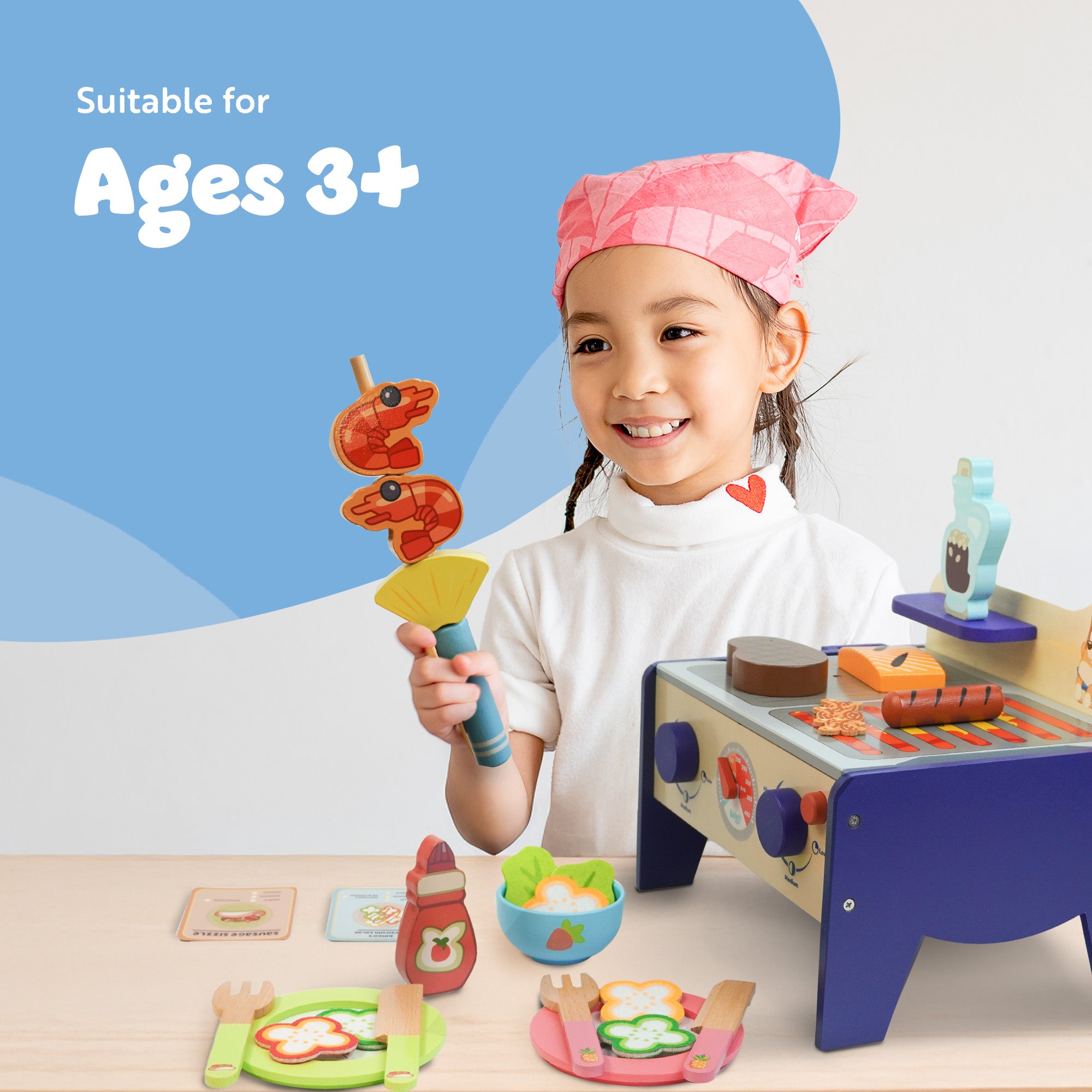 Bluey Wooden BBQ & Salad Playset - 33 Piece Colourful Pretend Cooking Toy for Kids 3+, FSC-Certified