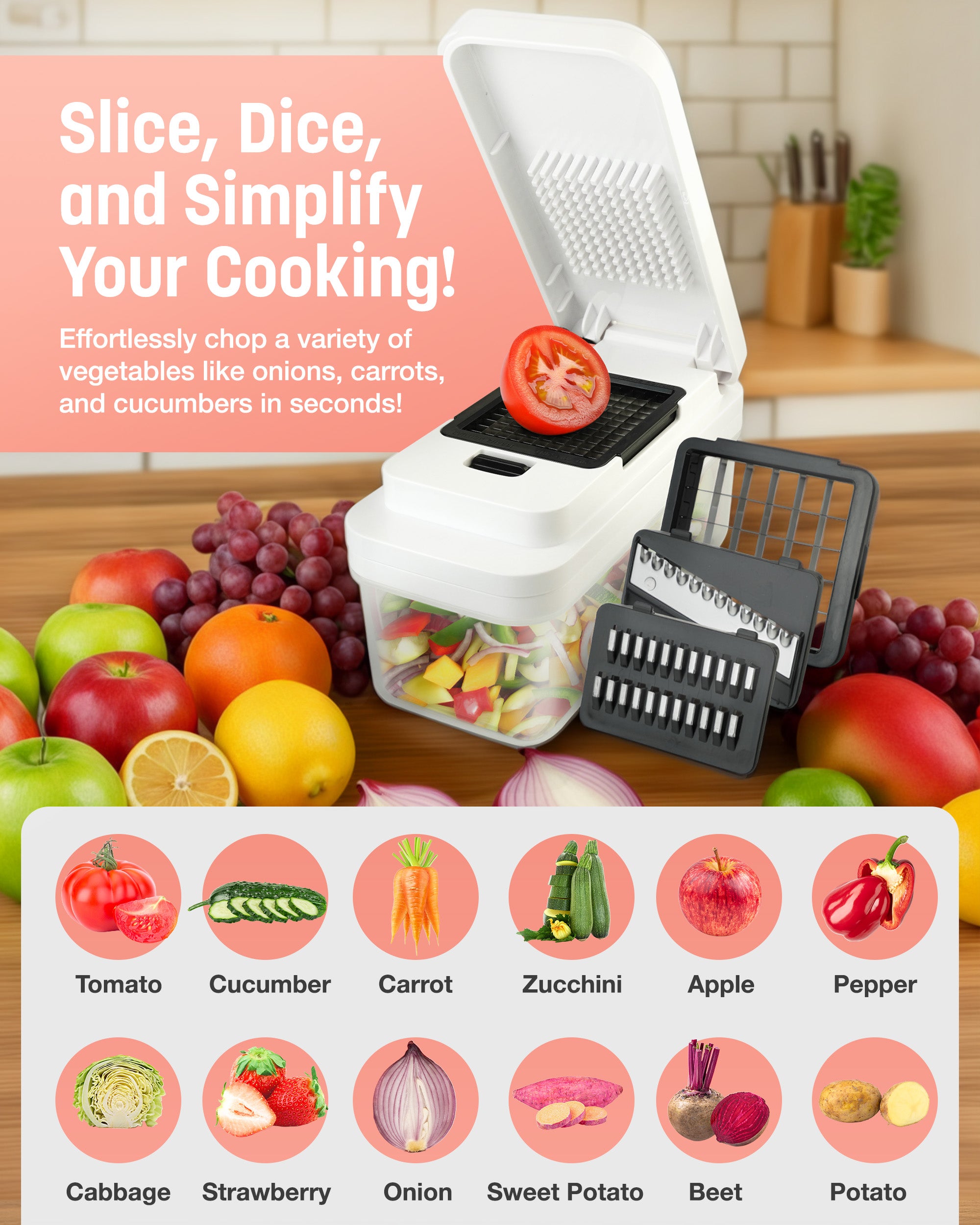 Keplin - 7-in-1 Vegetable Chopper with Container - Multi-Functional Slicer, Dicer & Grater - BPA Free, Dishwasher Safe, Non-Slip Base, Food-Grade ABS & Stainless Steel Blades