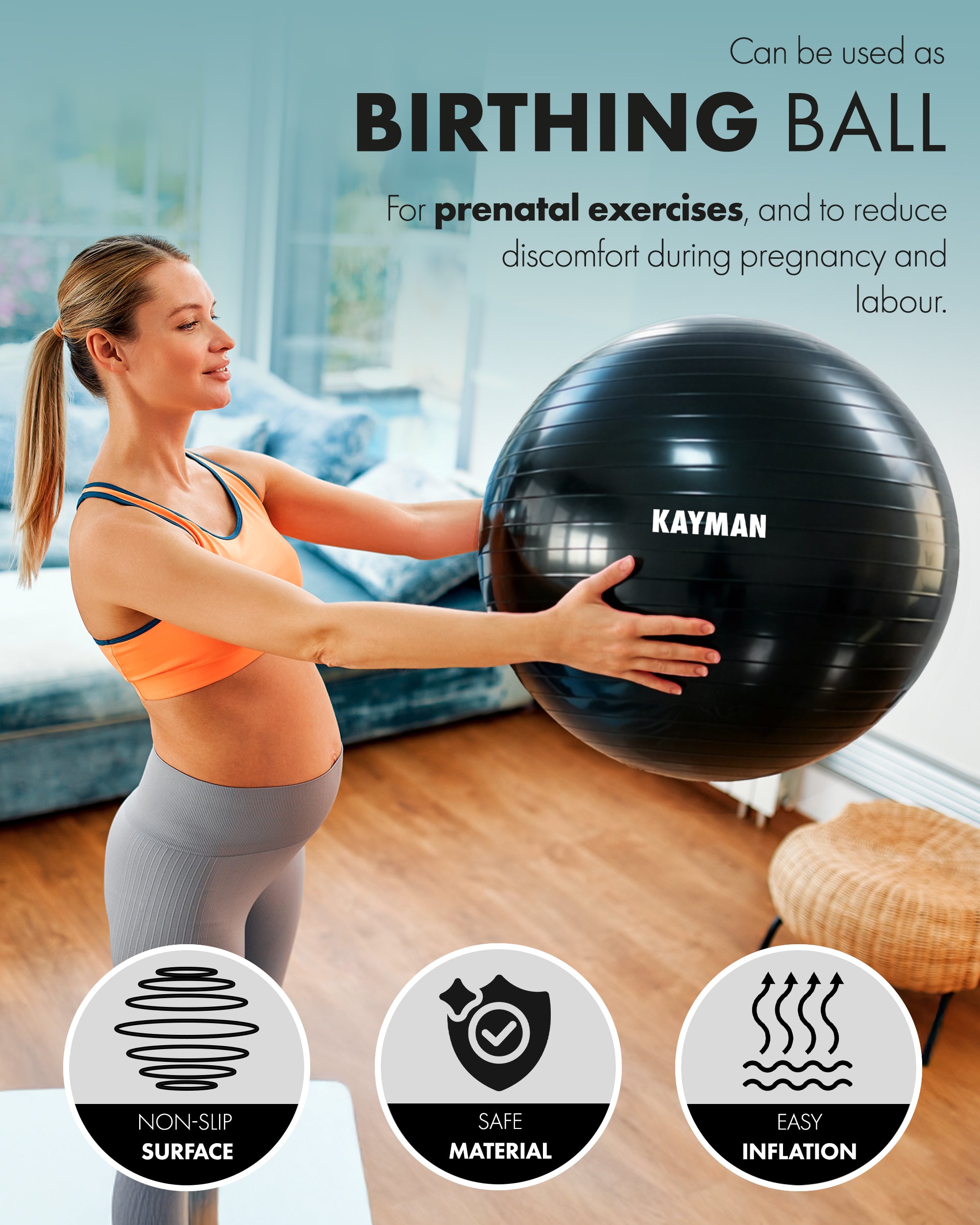KAYMAN Exercise Ball - Anti-Burst System, Non-Slip Rings, Durable Material, Easy to Inflate, Ideal for Yoga, Pilates, Fitness, Balance Training, Gym, and Home Workouts