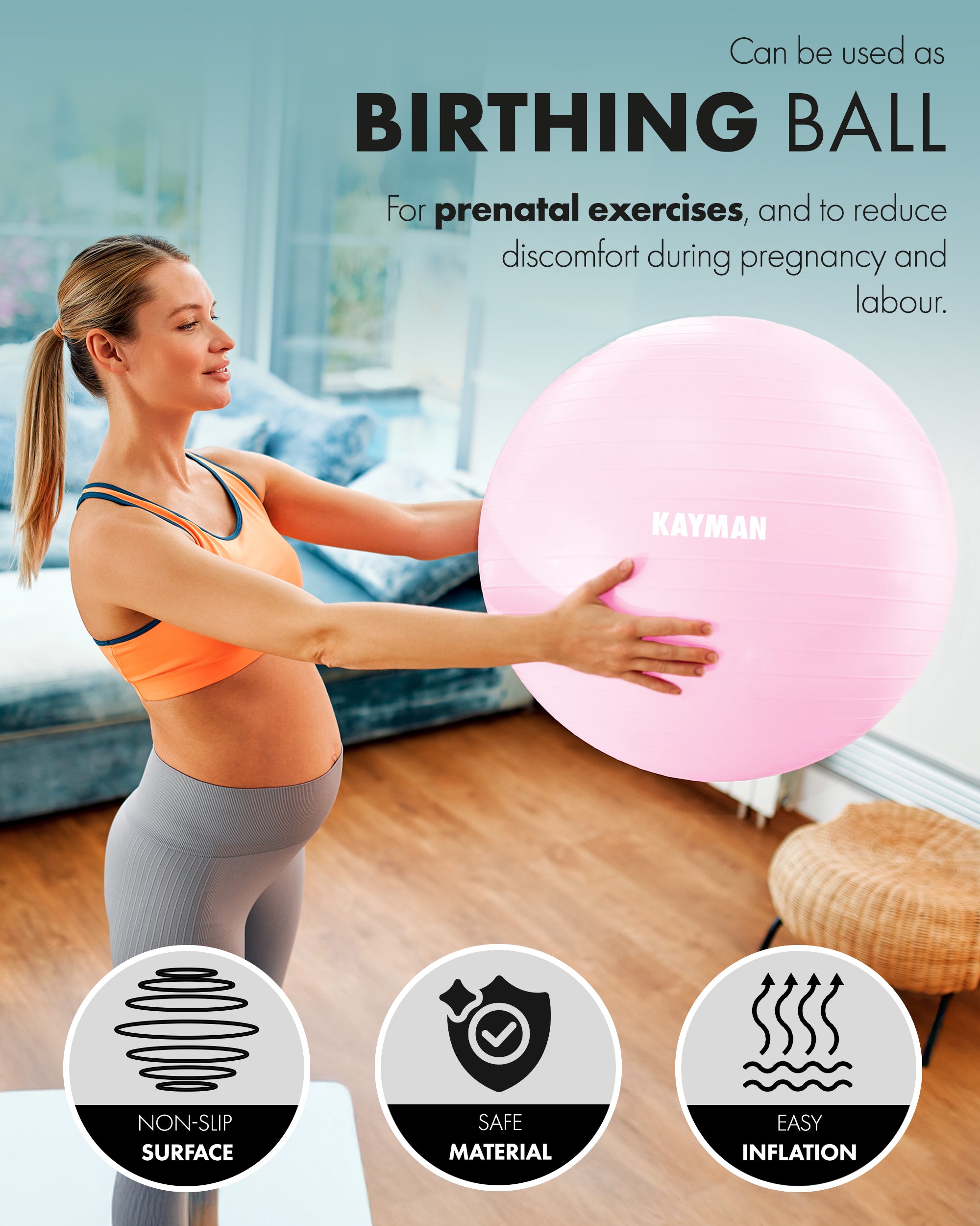 KAYMAN Exercise Ball - Anti-Burst System, Non-Slip Rings, Durable Material, Easy to Inflate, Ideal for Yoga, Pilates, Fitness, Balance Training, Gym, and Home Workouts
