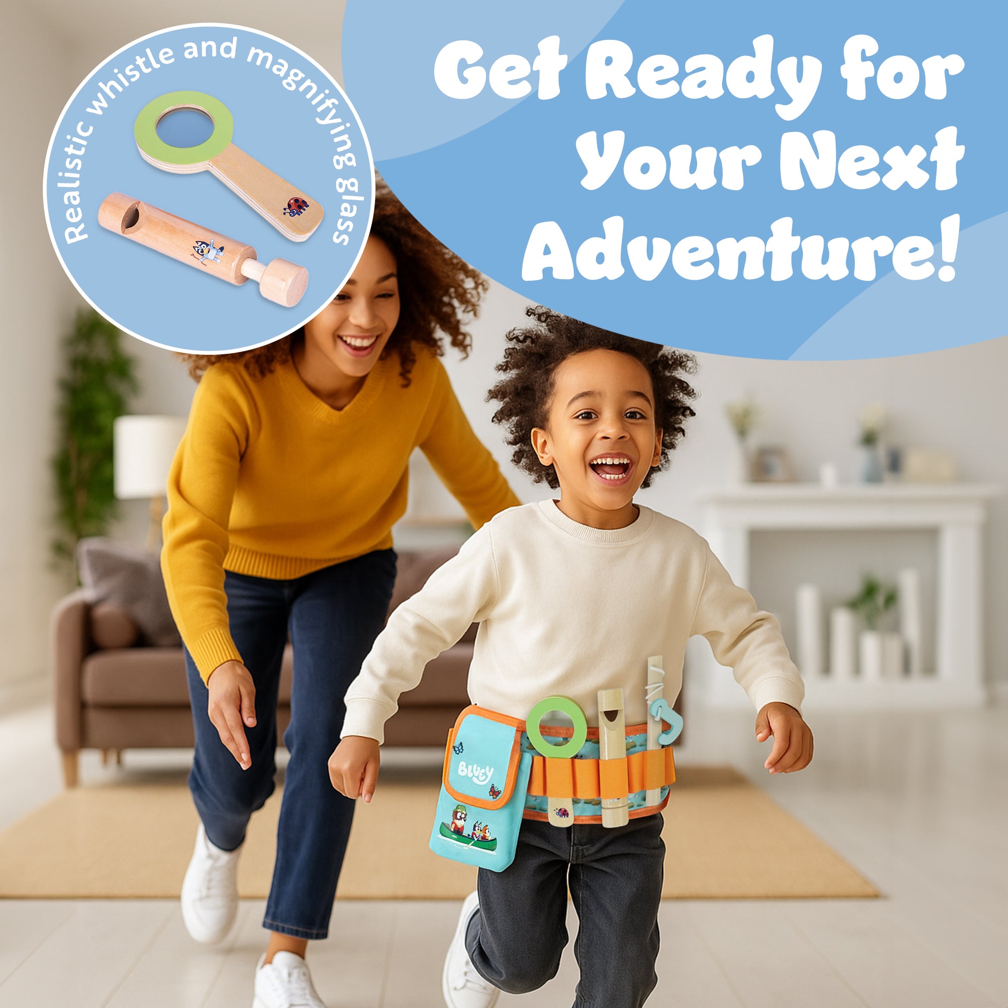 Bluey Adventure Belt – 17 Piece Explorer Set with Magnifying Glass, Compass, Whistle, Go Find Cards & Accessories – Outdoor & Indoor Pretend Play Toy for Kids – Nature Exploration Kit