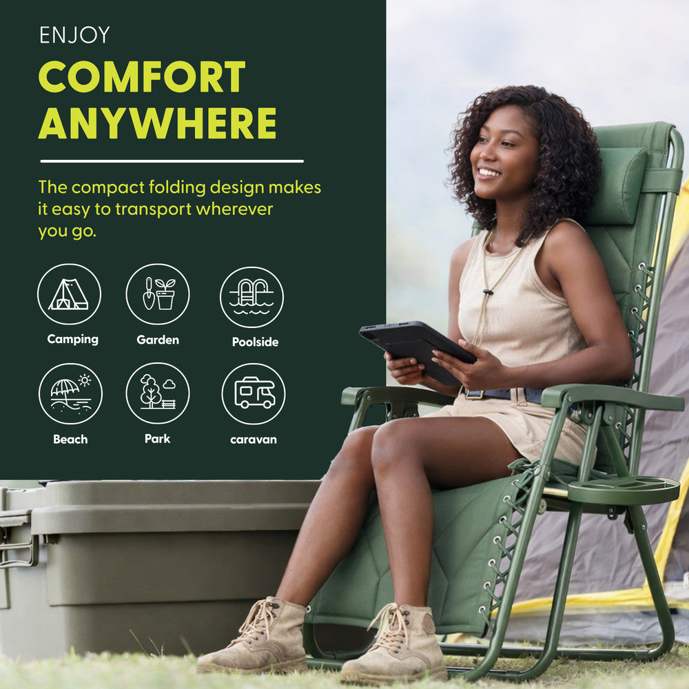 KEPLIN Set of 2 XXL Premium Heavy Duty Quilted Zero Gravity Chairs - Luxurious Garden Recliners, Adjustable Headrest, Cup & Phone Holder, Foldable, Easy to Clean Patio Sun Loungers