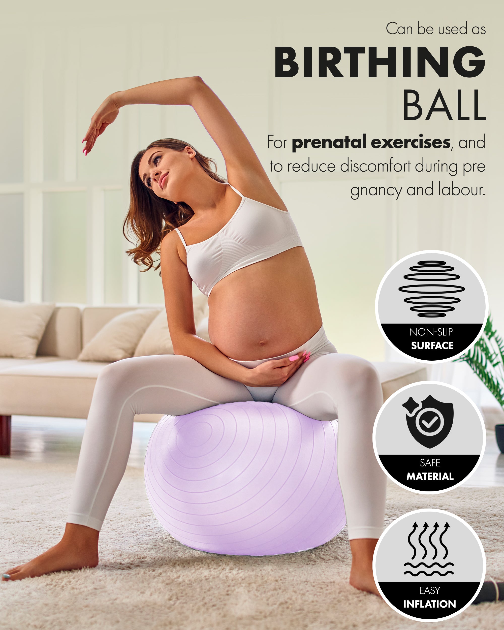 KAYMAN Exercise Ball - Anti-Burst System, Non-Slip Rings, Durable Material, Easy to Inflate, Ideal for Yoga, Pilates, Fitness, Balance Training, Gym, and Home Workouts