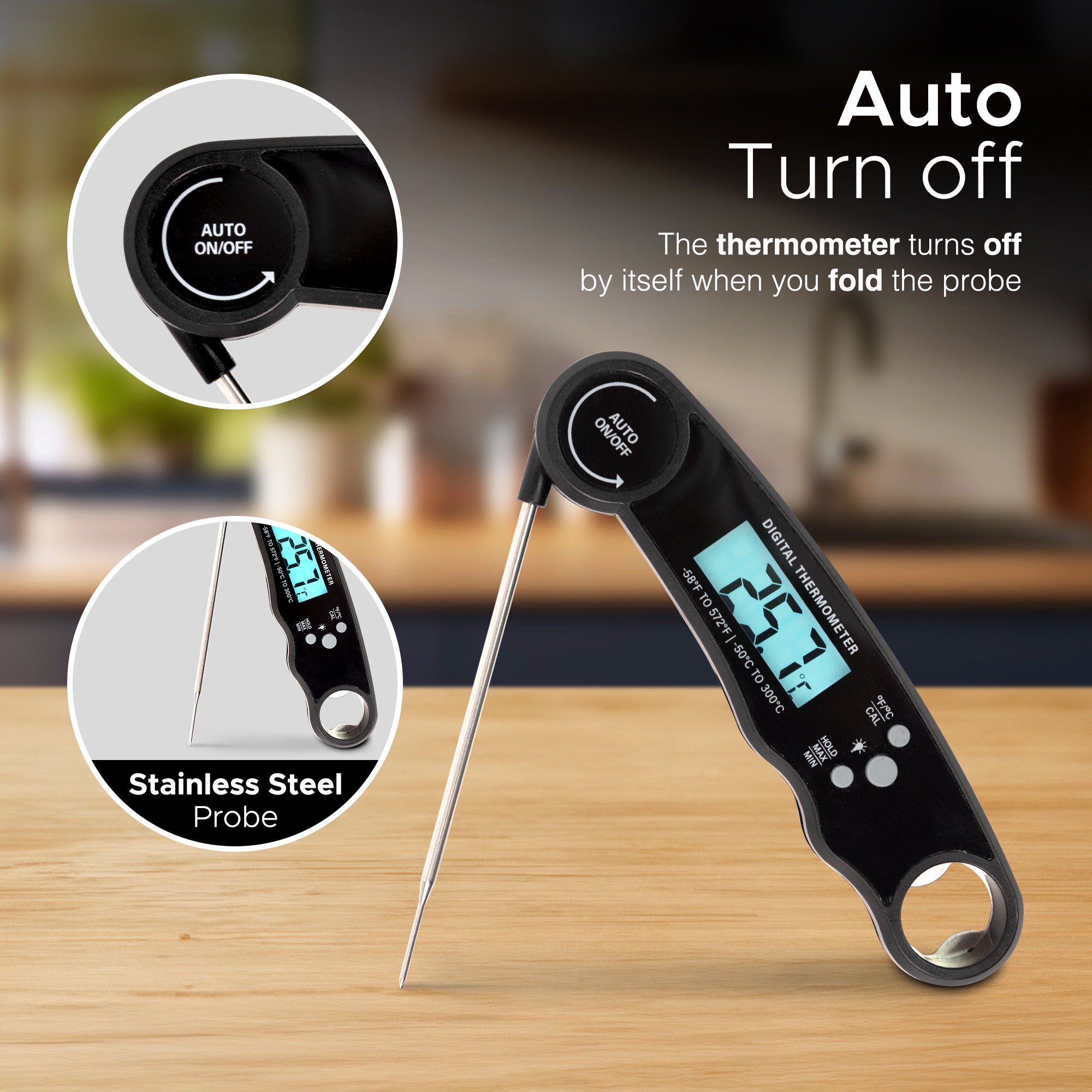 Keplin Meat Thermometer - Instant Read Food Thermometer with Backlight LCD, Foldable Design, Auto Turn Off, Magnet, Fast 3-Second Response, Temperature Range 0-150°C, Includes Bottle Opener