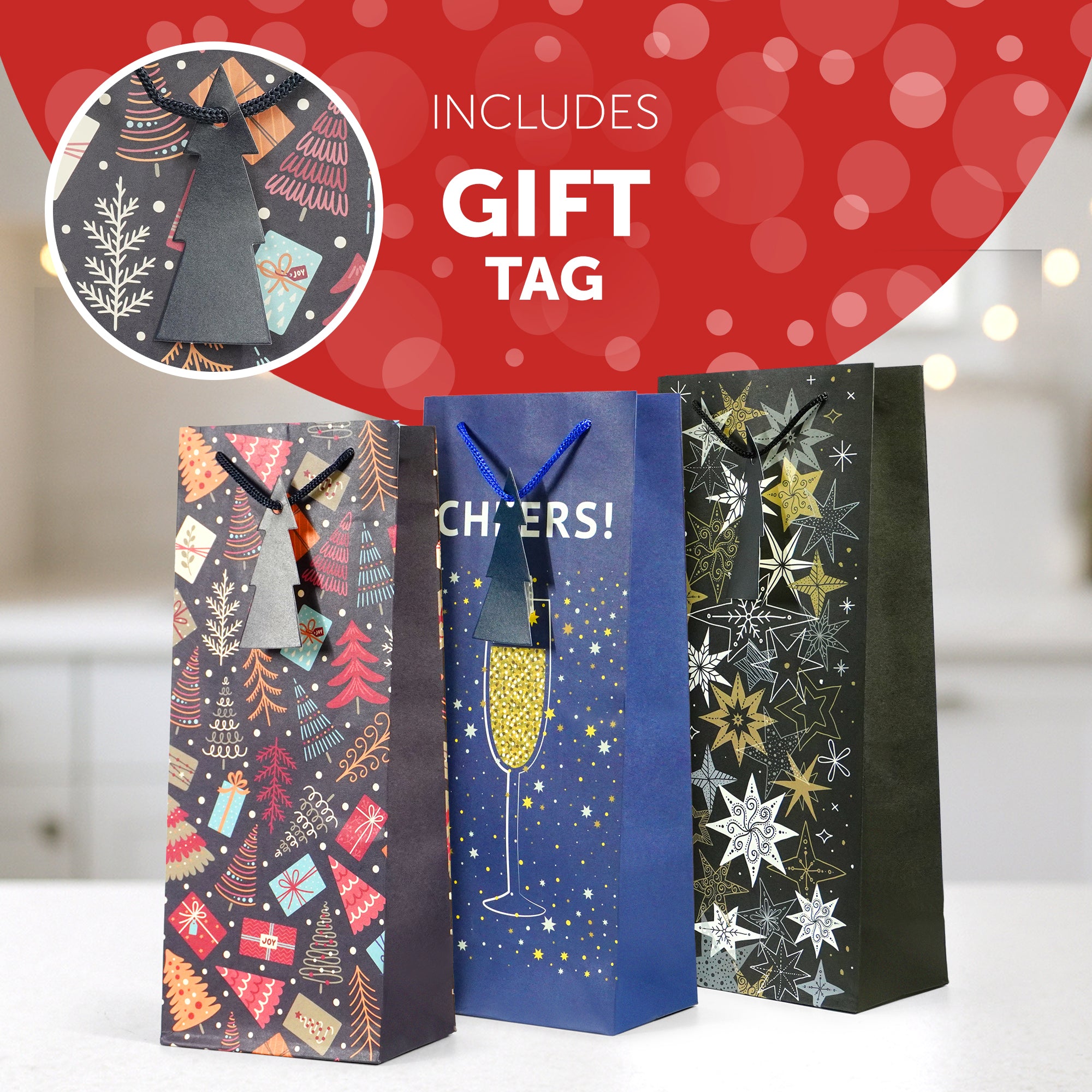 Kraft & Co - Christmas Wine Bottle Bag, 3 Festive Designs- Joy, Festive, Sparkle, Pack of 3