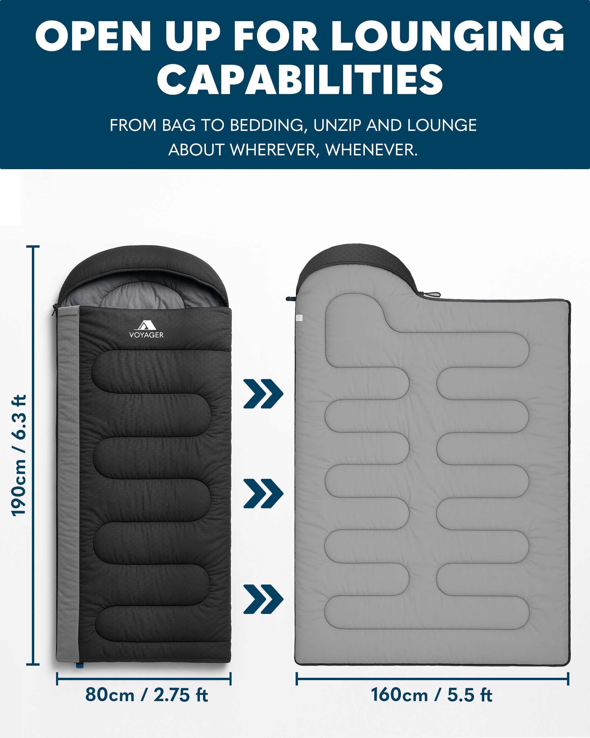 Voyager Sleeping Bag for Adults - Lightweight & Compact, Versatile 3-4 Season Temperature, Spacious Design, Quality Material, Ideal for Camping & Backpacking - 190x30x80cm