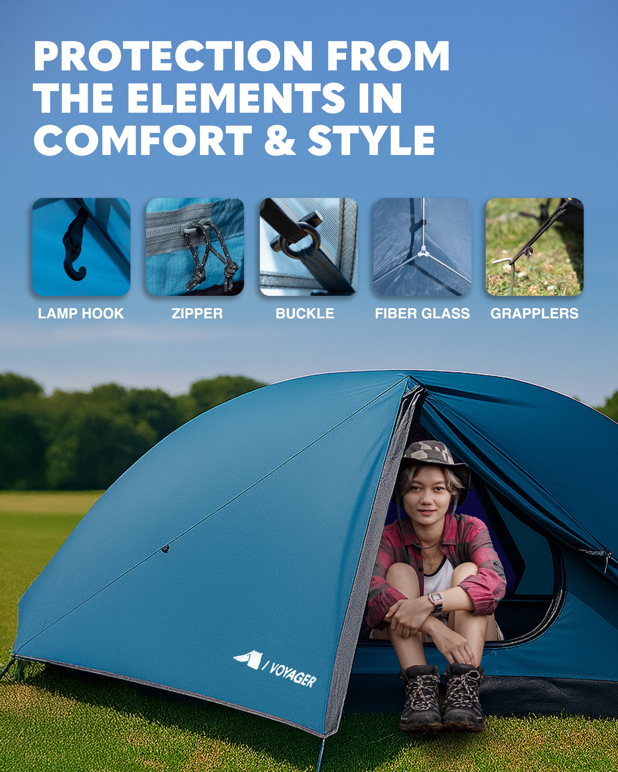 Voyager 2 Man Tent - Waterproof, Windproof, Quick Setup, Spacious 2-Person Camping Tent, Durable, Lightweight Outdoor Shelter, Ideal for Hiking, Backpacking, Camping - 225x135x110cm