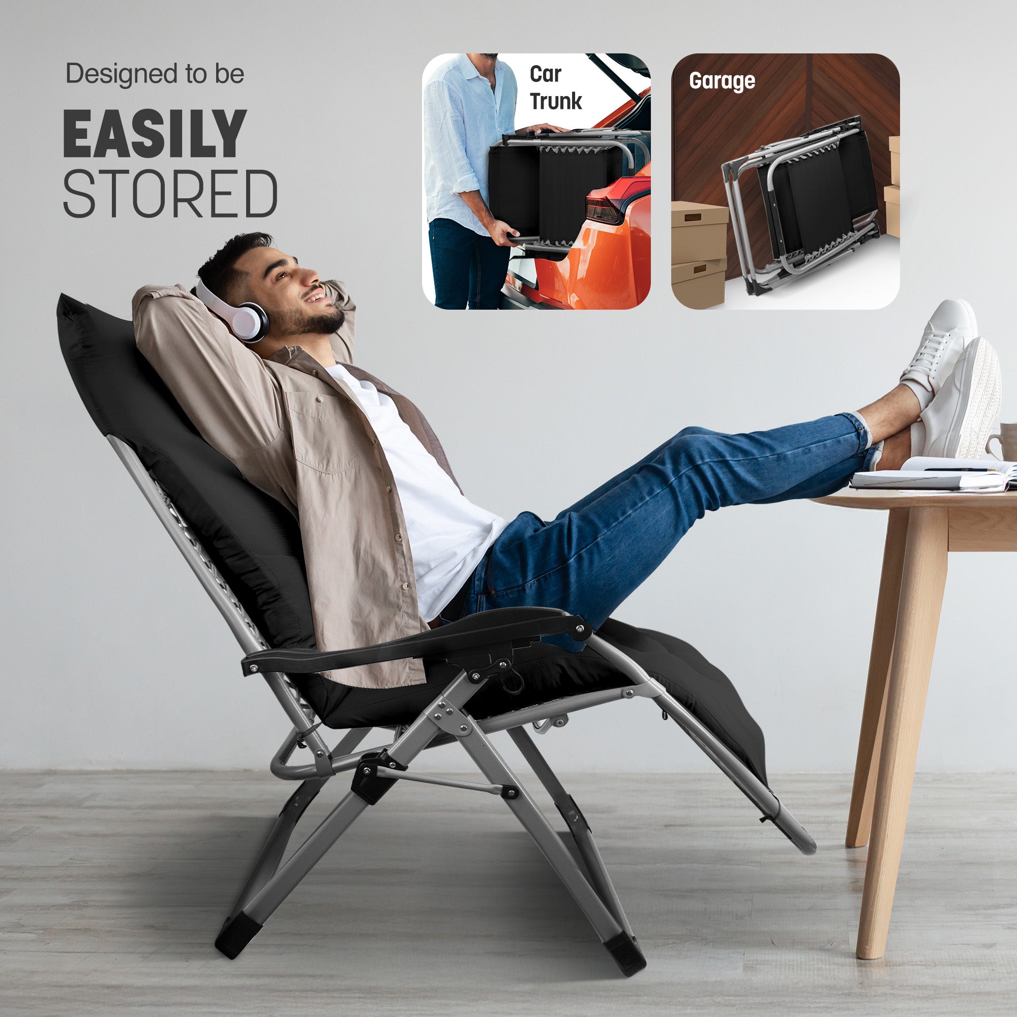 KEPLIN Square Tube Gravity Chair with Cushion – Extra-Wide 72cm Recliner, Adjustable Zero Gravity Lounger, Reinforced Frame, Supports 150kg, Premium Comfort for Indoor & Outdoor Relaxation