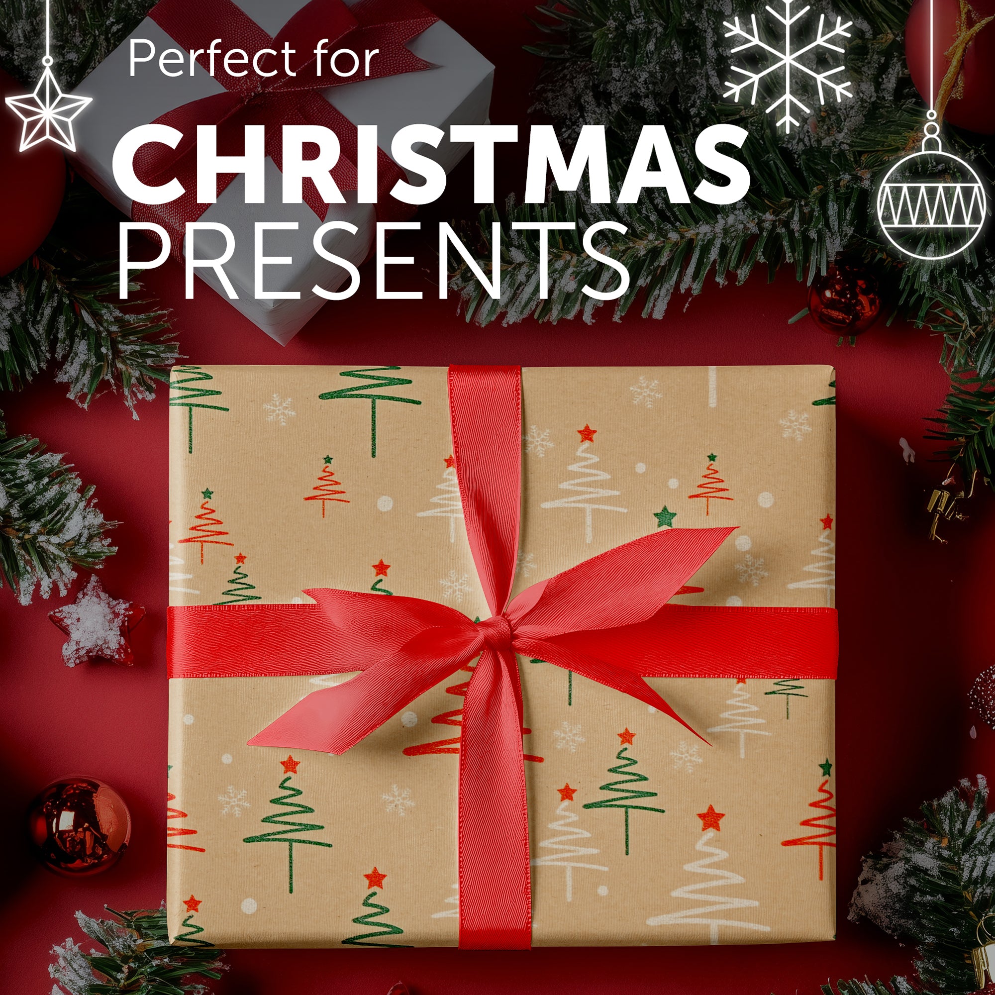 Kraft & Co 2 Pack Christmas Wrapping Paper Roll - Festive Designed Recyclable Kraft Paper, Perfect for Holiday Gifts, Arts & Crafts-Wrapping for a Merry Christmas (44.5cm x 25m)