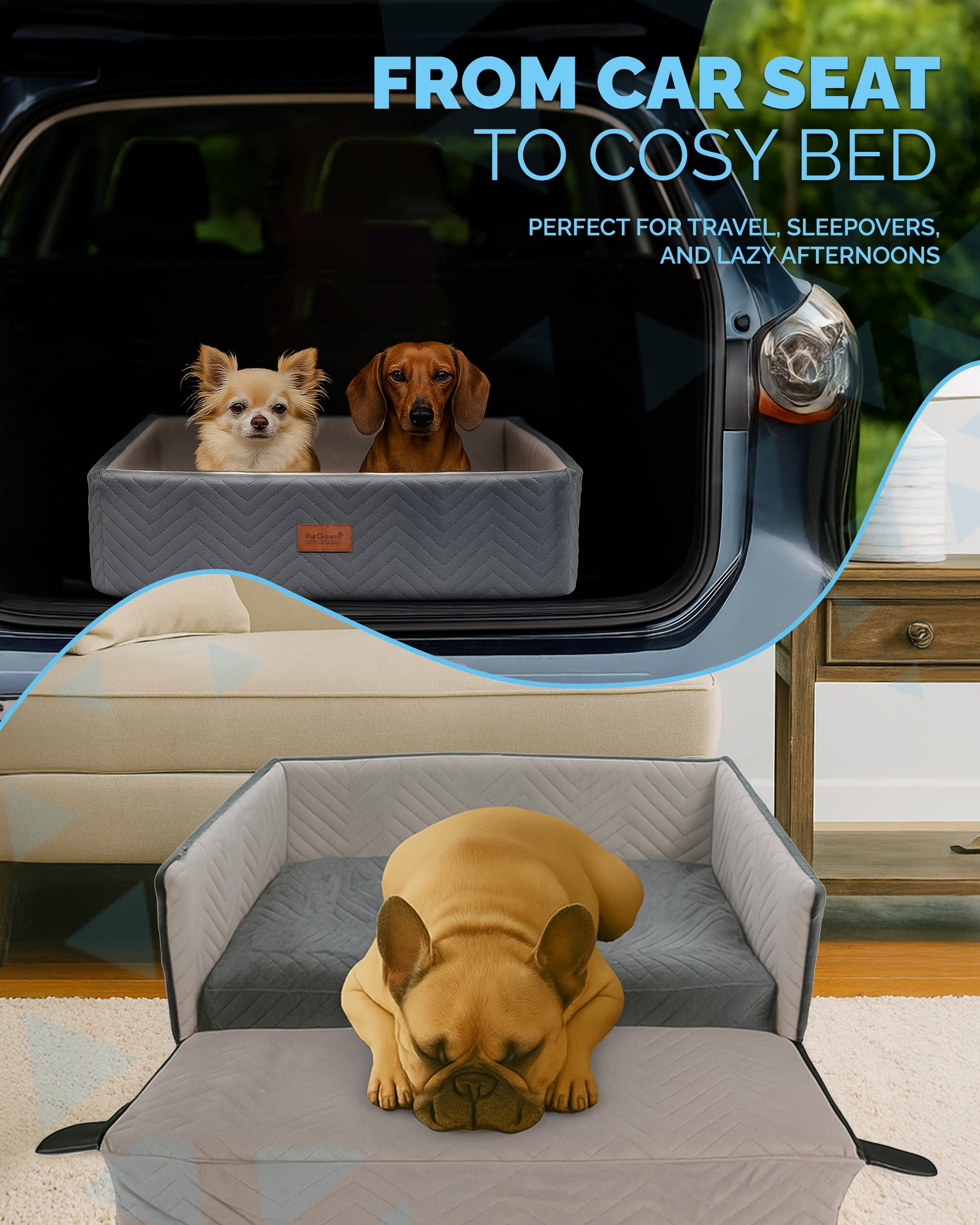 Furdreams XL Dog Car Seat – Plush Travel Bed with 10cm Foam Booster – Fits Dogs Up to 27kg – Non-Slip Base – 74x53x27cm – Converts to Cozy Sofa Bed – Machine Washable Cover