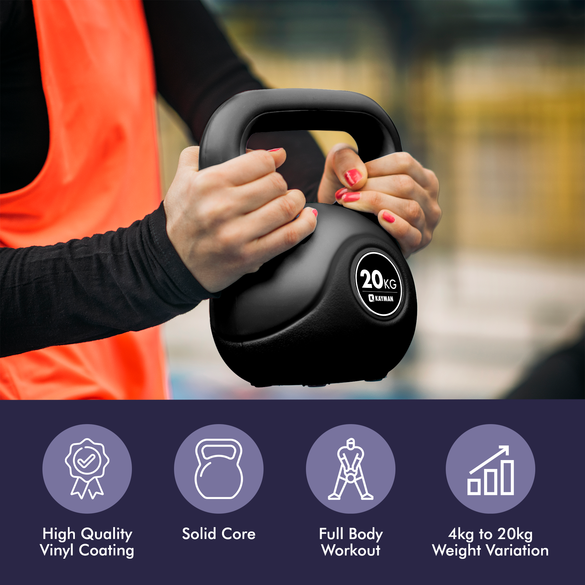 Kayman Kettlebell 4KG, 6KG, 8KG, 12KG, 16KG, 20KG - Ergonomic Handle & Flat Bottom for Stability - Home Gym Weight for Strength Training & Cardio - Versatile Range for Fitness Workouts