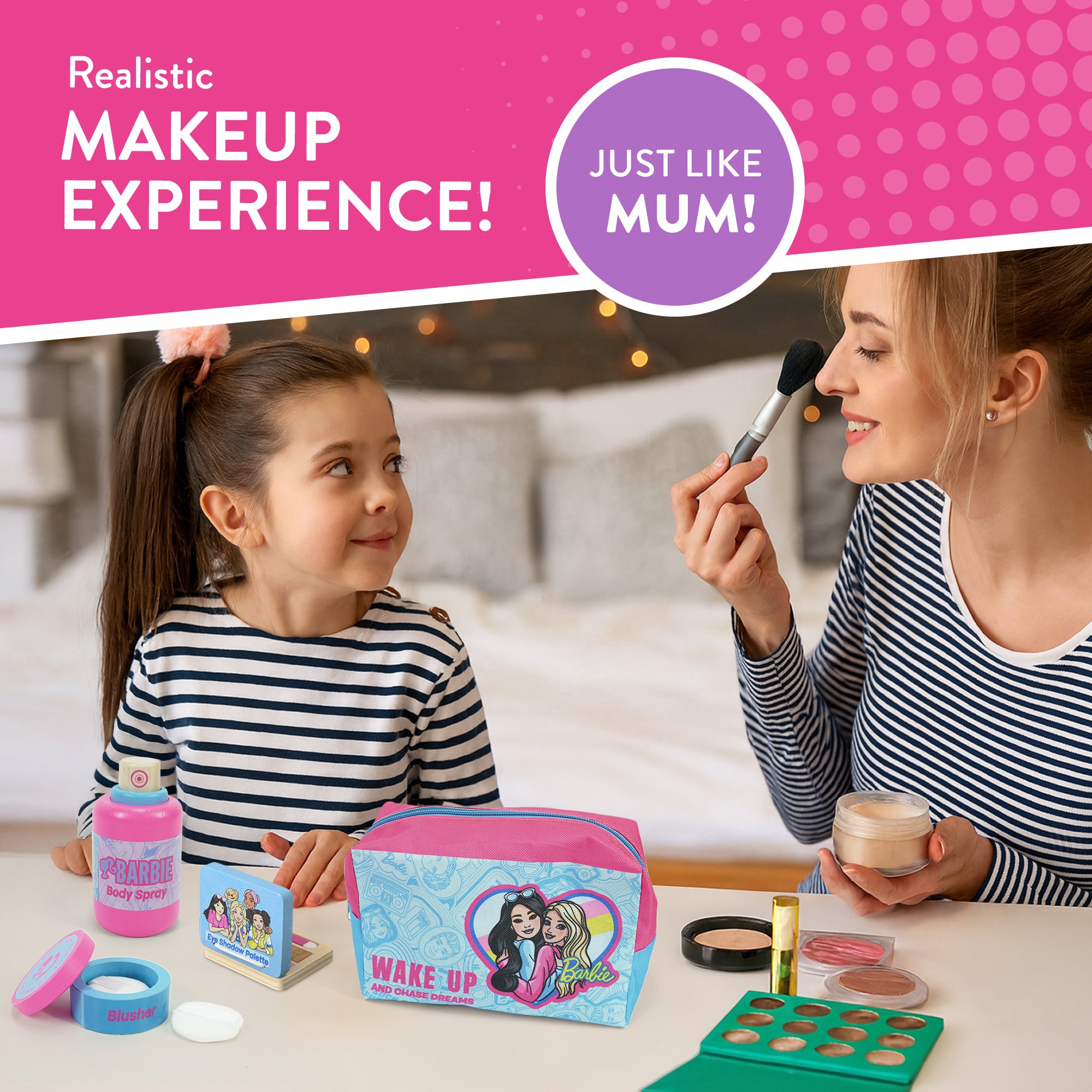 Barbie TT Beauty Set, Wooden Toy Makeup Set with Mirror & Carry Case – Pretend Play Beauty Set for Kids – Includes Brush, Lipstick, Blusher, Eyeshadow, Body Spray & Accessories – Pink Vanity Play Set