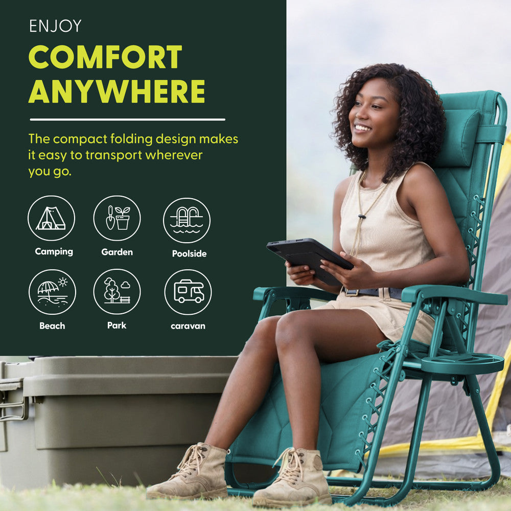 KEPLIN Set of 2 XXL Premium Heavy Duty Quilted Zero Gravity Chairs - Luxurious Garden Recliners, Adjustable Headrest, Cup & Phone Holder, Foldable, Easy to Clean Patio Sun Loungers