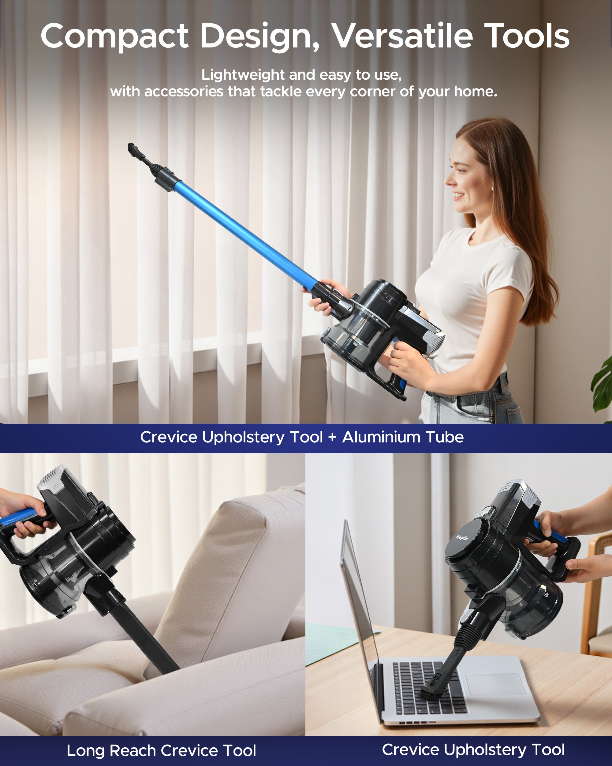 Keplin 150W Cordless Vacuum Cleaner – 2 Speed with LED Brush, 0.8L Dust Capacity, Low Noise 72dB, 2000mAh Battery, 2-in-1 Nozzle, Wall Mount & Charger – Lightweight & Powerful