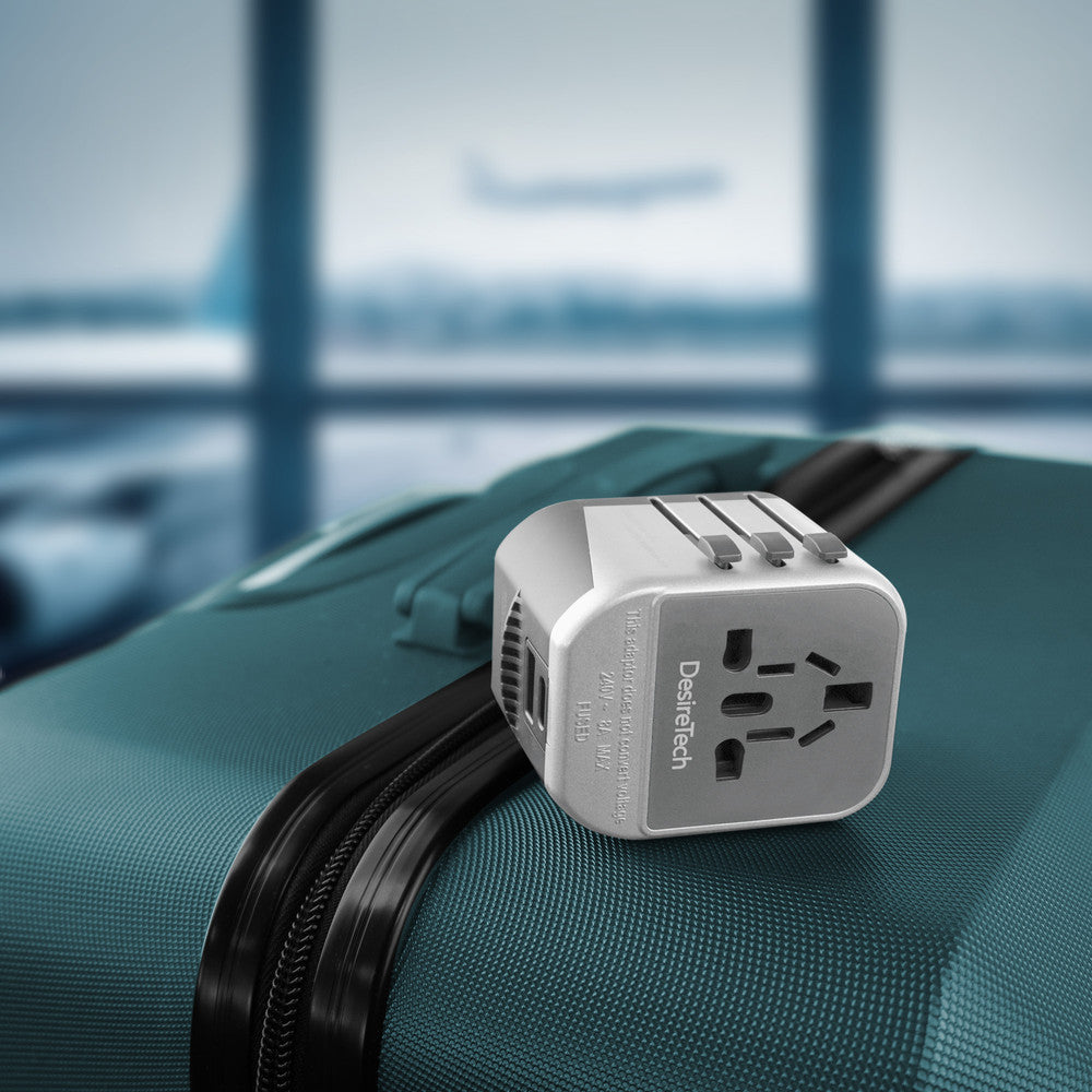 Desiretech Travel Adaptor 4-in-1 Universal Plug Adapter with USB-A, USB-C, Phone Docking - Compact UK to World Adaptor, Double Fuse Protection - Perfect for Europe, USA, Asia & Beyond