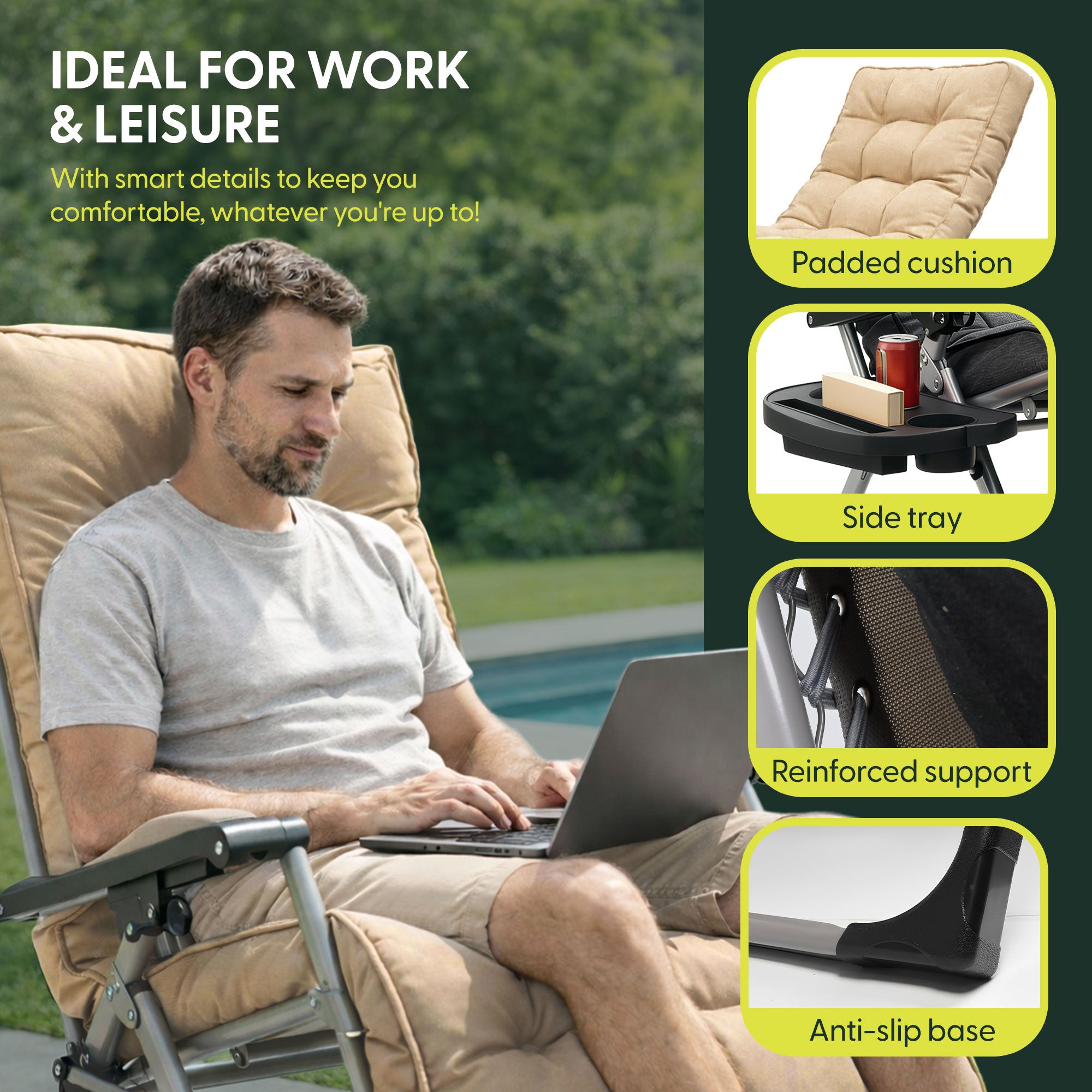 KEPLIN Square Tube Gravity Chair with Cushion – Extra-Wide 72cm Recliner, Adjustable Zero Gravity Lounger, Reinforced Frame, Supports 150kg, Premium Comfort for Indoor & Outdoor Relaxation