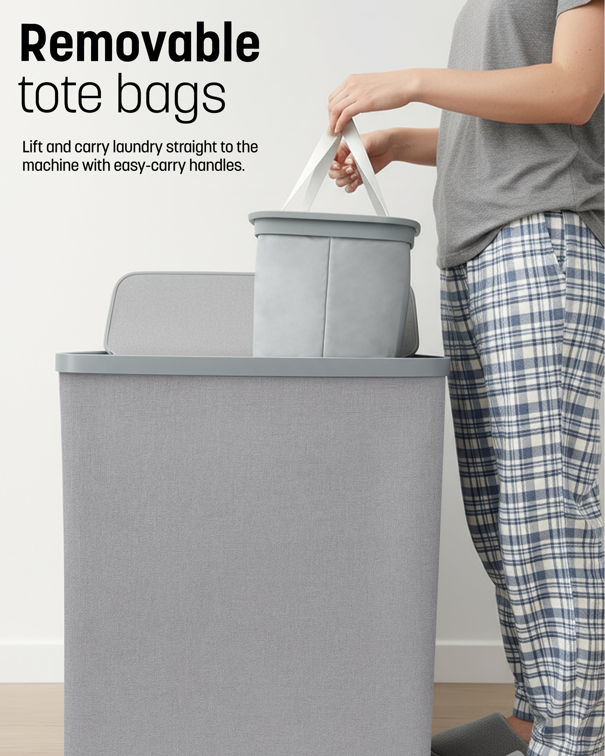 Keplin Collapsible Laundry Basket with Lid – 2 Section Clothes Sorter Hamper 150L – Large Fabric Washing Bin with Removable Liner, Handles & Bottom Strap – Foldable Grey Laundry Organizer 56x40x67cm