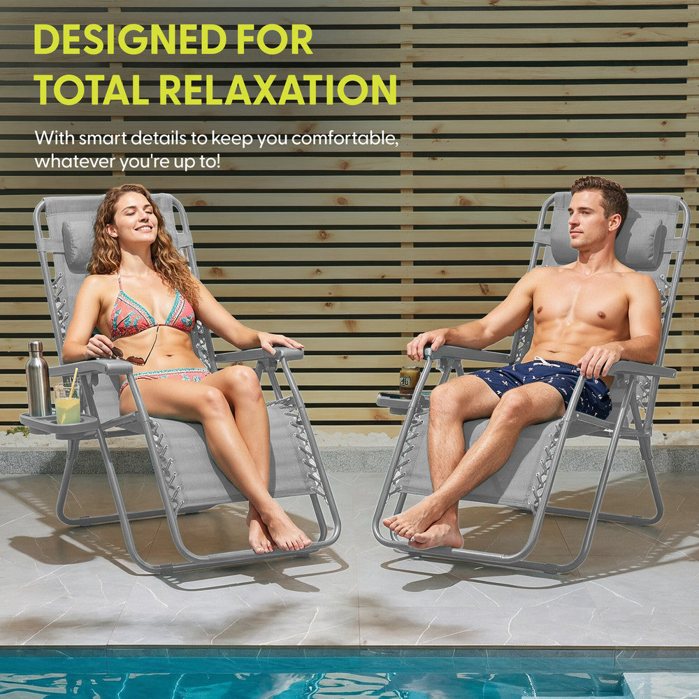 KEPLIN Set of 2 Heavy Duty Monocolour and Basic Textoline Zero Gravity Chairs for Garden Light Reclining Patio Sun loungers Easy to Clean Adjustable Head Rest Foldable with Cup & Phone Holder