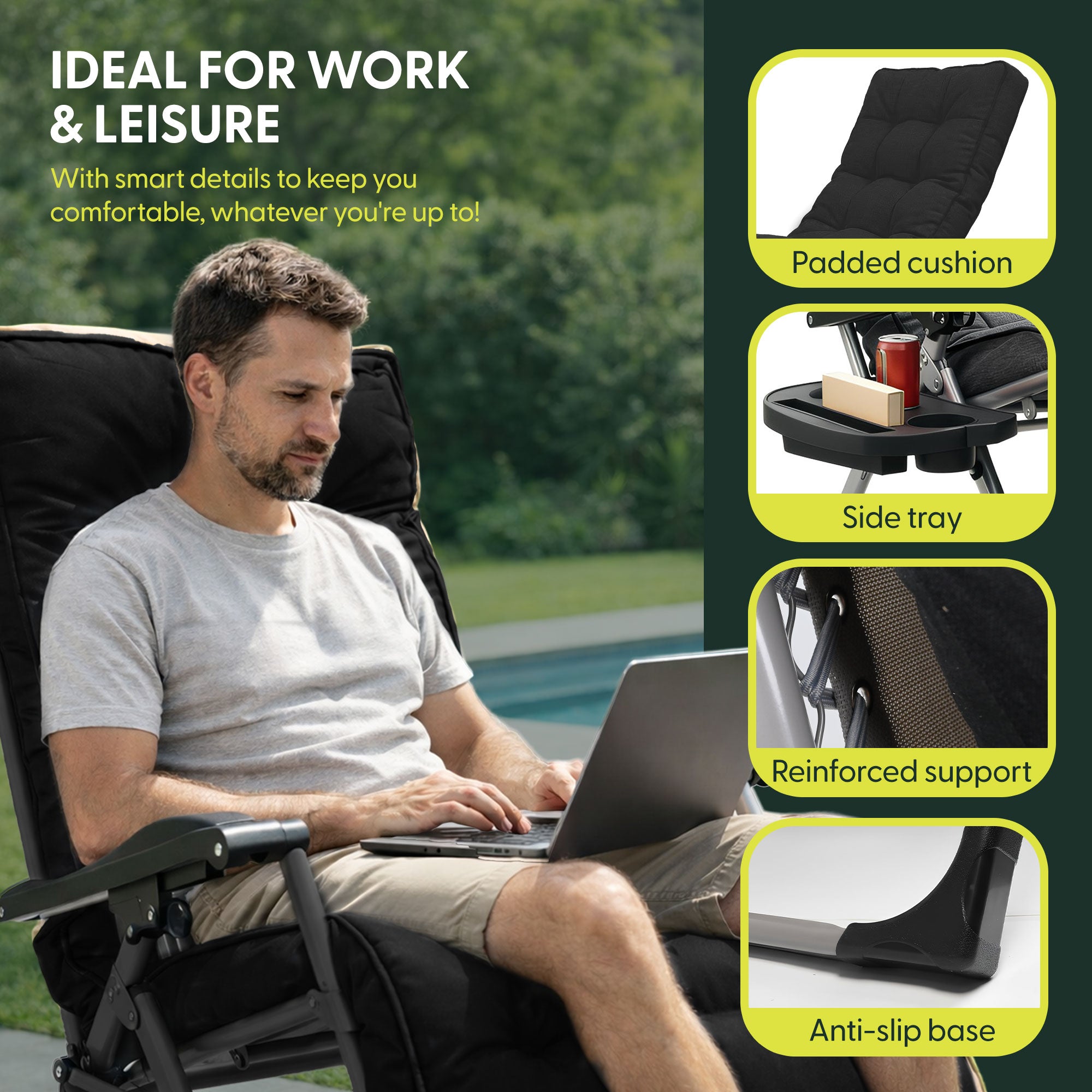 KEPLIN Square Tube Gravity Chair with Cushion – Extra-Wide 72cm Recliner, Adjustable Zero Gravity Lounger, Reinforced Frame, Supports 150kg, Premium Comfort for Indoor & Outdoor Relaxation