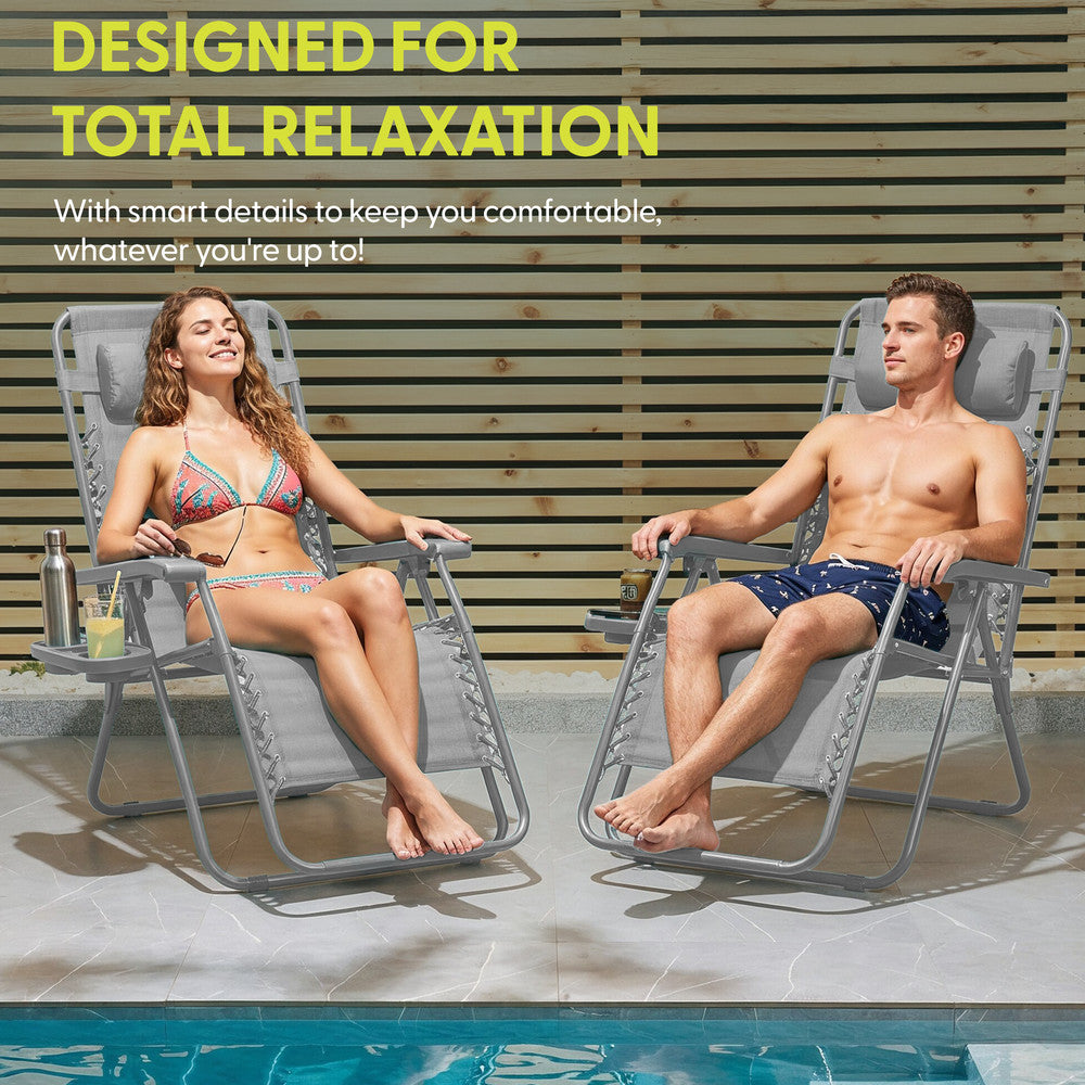 KEPLIN Set of 2 Heavy Duty Monocolour and Basic Textoline Zero Gravity Chairs for Garden Light Reclining Patio Sun loungers Easy to Clean Adjustable Head Rest Foldable with Cup & Phone Holder
