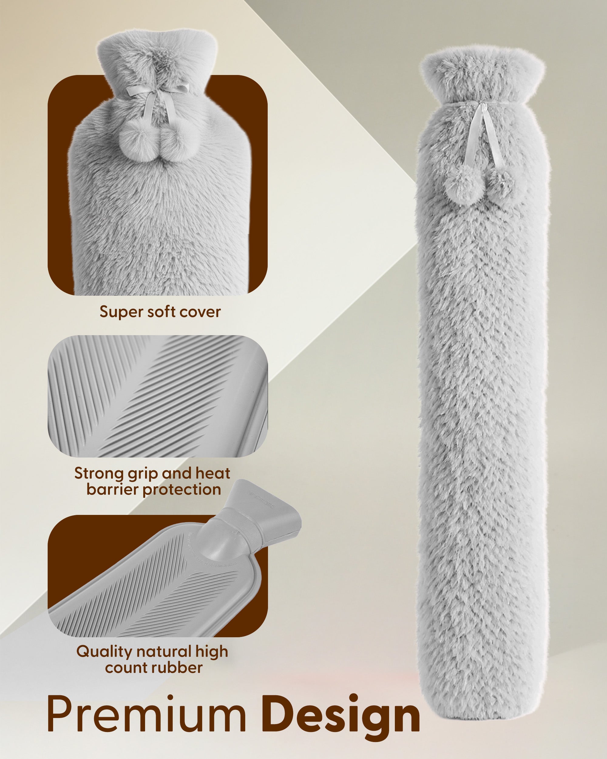 Luxury Hot Water Bottle - Extra Soft Cover, Thermal Rubber Bottle Covered with Premium Faux Fur
