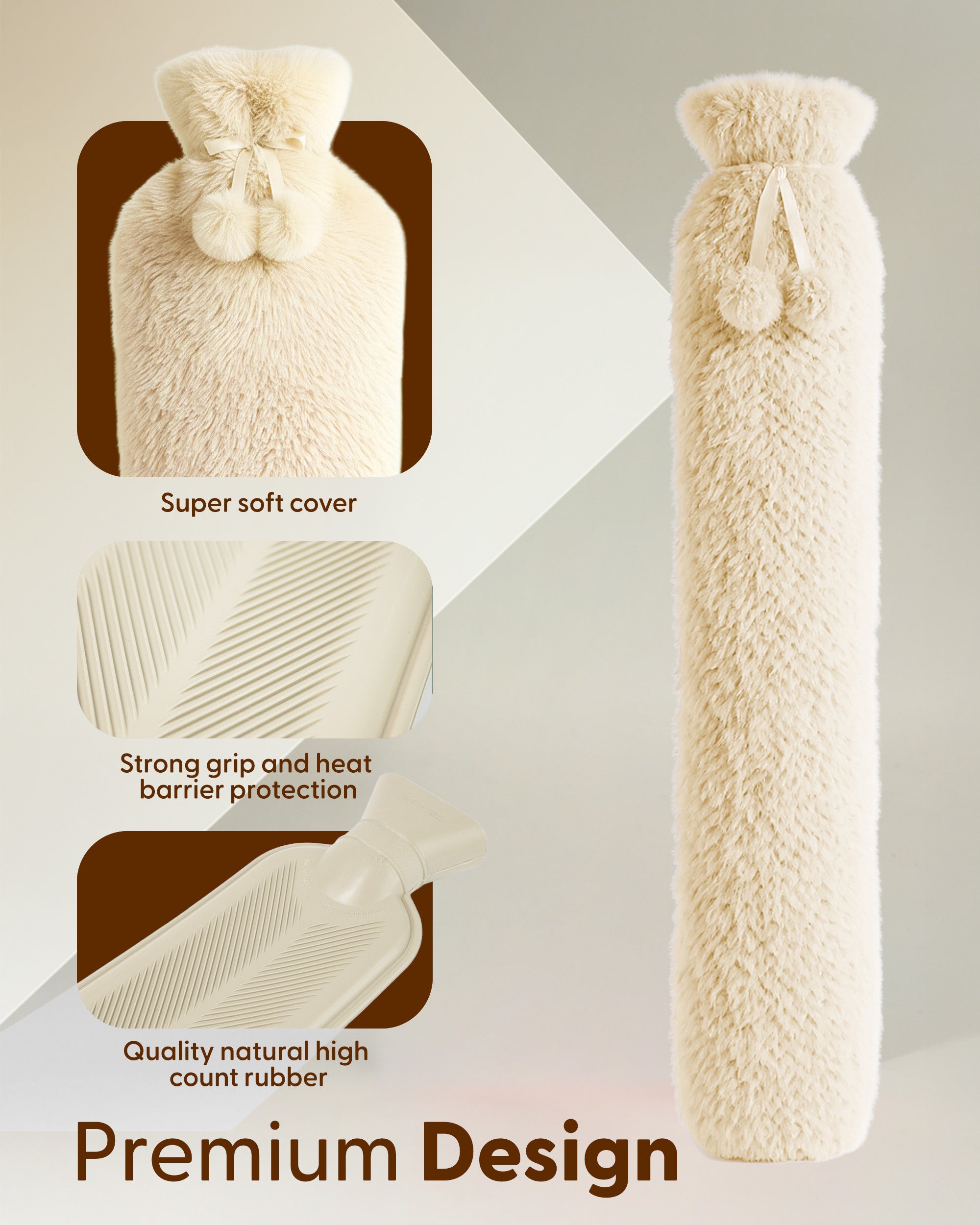 Luxury Hot Water Bottle - Extra Soft Cover, Thermal Rubber Bottle Covered with Premium Faux Fur