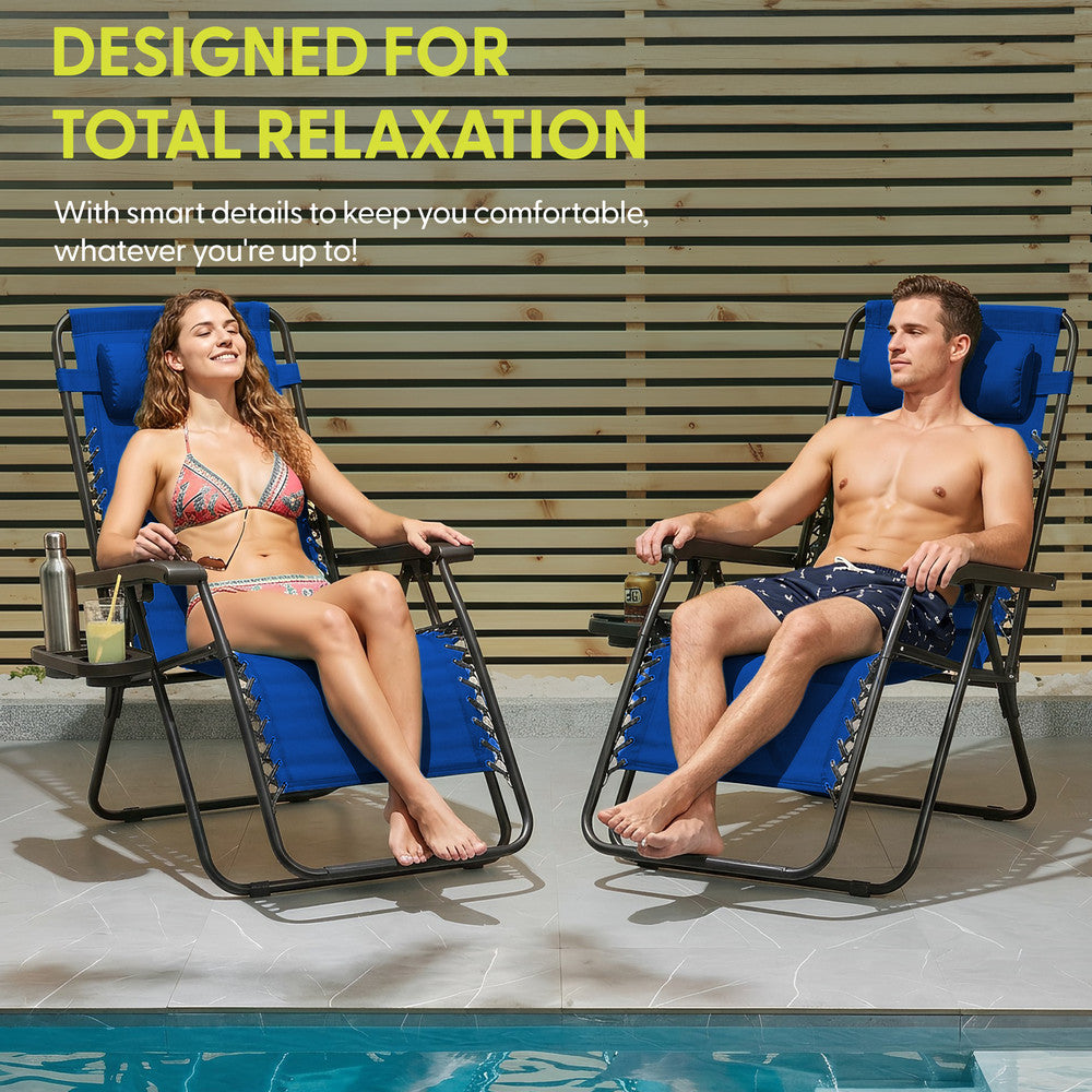 KEPLIN Set of 2 Heavy Duty Monocolour and Basic Textoline Zero Gravity Chairs for Garden Light Reclining Patio Sun loungers Easy to Clean Adjustable Head Rest Foldable with Cup & Phone Holder