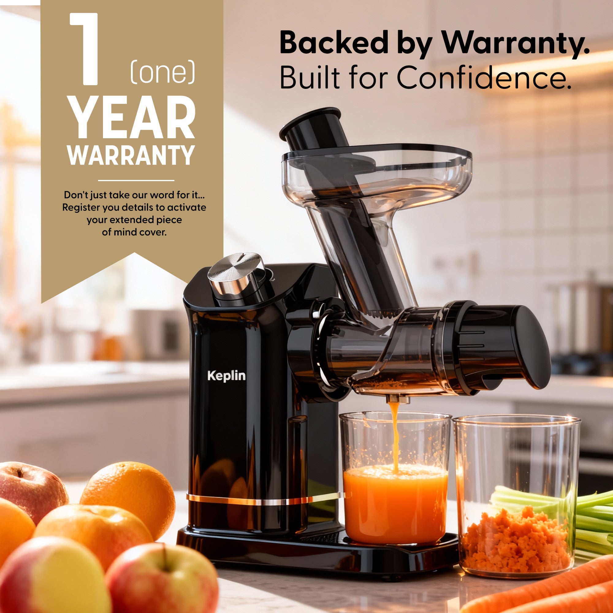 Keplin Slow Masticating Juicer – Cold Press Juicer Machine with 7-Stage Auger for High Juice Yield, Nutrient Retention, Quiet Motor, Easy to Clean & Compact Design – 2.12kg, 1 Year Warranty for Black