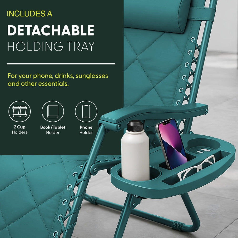 KEPLIN Set of 2 XXL Premium Heavy Duty Quilted Zero Gravity Chairs - Luxurious Garden Recliners, Adjustable Headrest, Cup & Phone Holder, Foldable, Easy to Clean Patio Sun Loungers