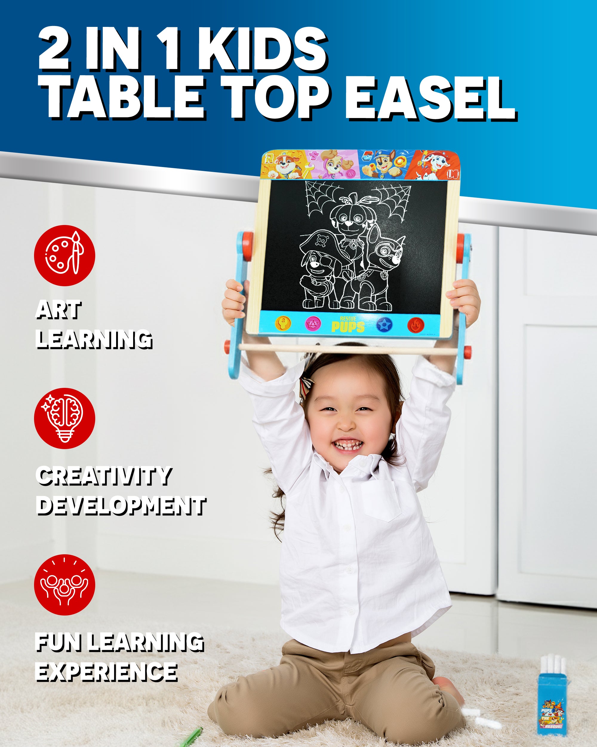 Paw Patrol Tabletop Easel for Kids – 2 in 1 Double-Sided Chalkboard and Whiteboard with Pen, Chalk & Eraser – Portable Drawing Board for Children