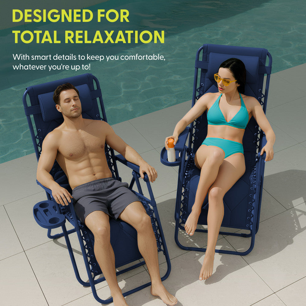 KEPLIN Set of 2 XXL Premium Heavy Duty Quilted Zero Gravity Chairs - Luxurious Garden Recliners, Adjustable Headrest, Cup & Phone Holder, Foldable, Easy to Clean Patio Sun Loungers
