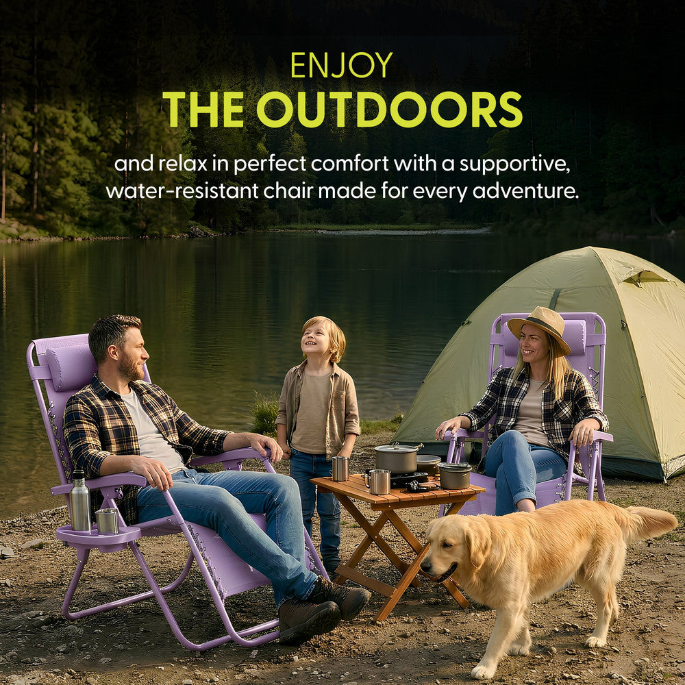 KEPLIN Set of 2 Heavy Duty Monocolour and Basic Textoline Zero Gravity Chairs for Garden Light Reclining Patio Sun loungers Easy to Clean Adjustable Head Rest Foldable with Cup & Phone Holder