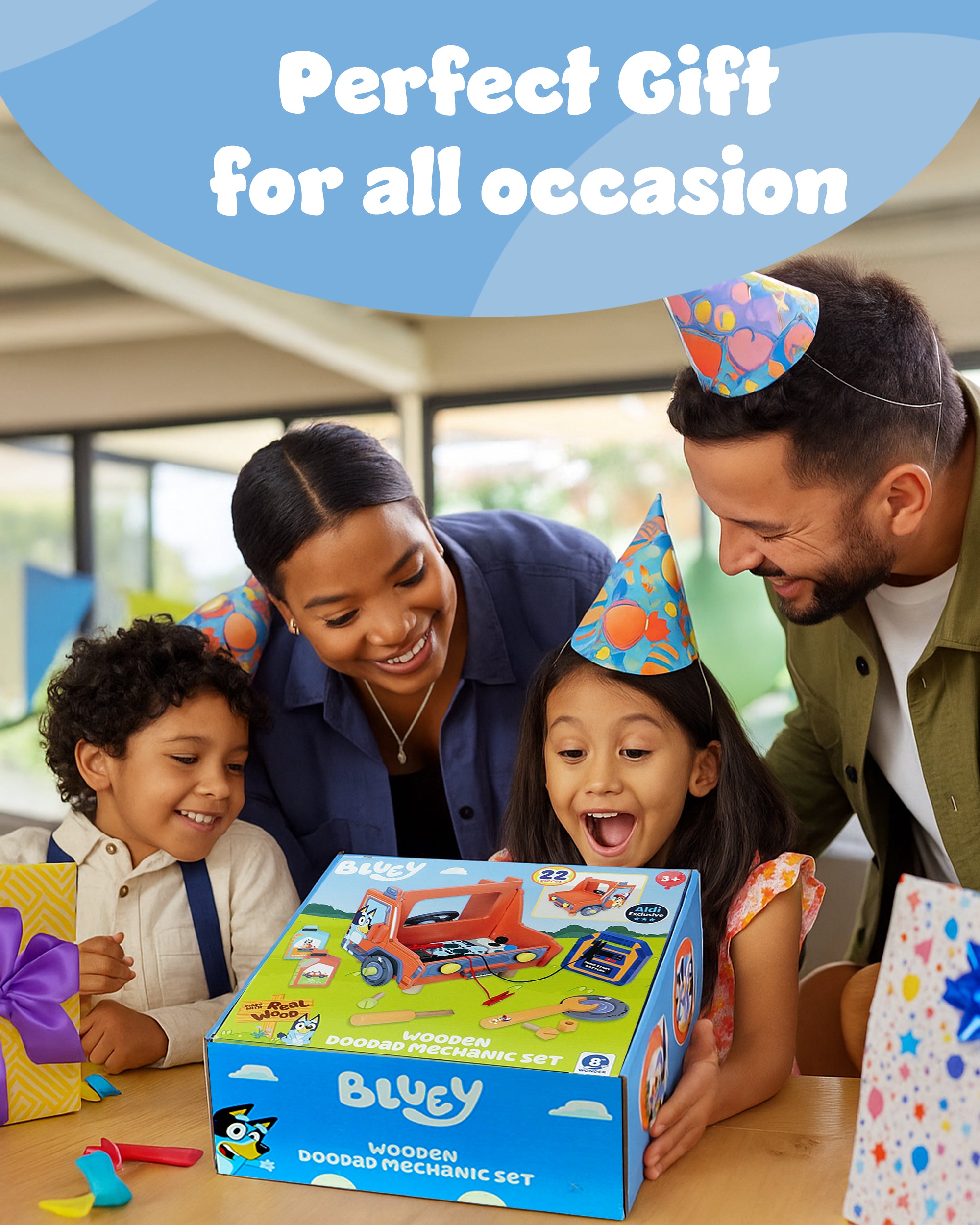 Bluey Wooden Tabletop Mechanic Set – 22 Piece Pretend Play Repair Tool Kit with Car Engine, Tools & Accessories – Compact & Portable Wooden Toy for Kids Ages 3+