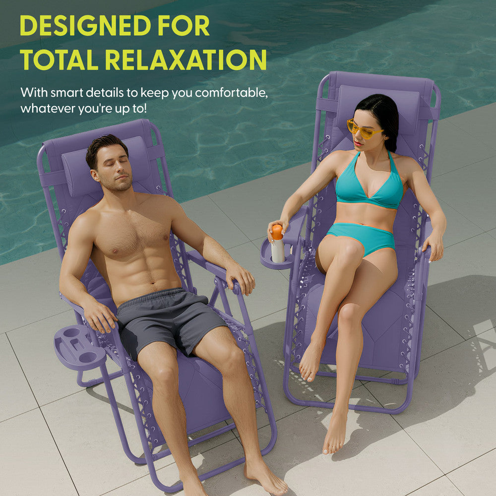 KEPLIN Set of 2 XXL Premium Heavy Duty Quilted Zero Gravity Chairs - Luxurious Garden Recliners, Adjustable Headrest, Cup & Phone Holder, Foldable, Easy to Clean Patio Sun Loungers