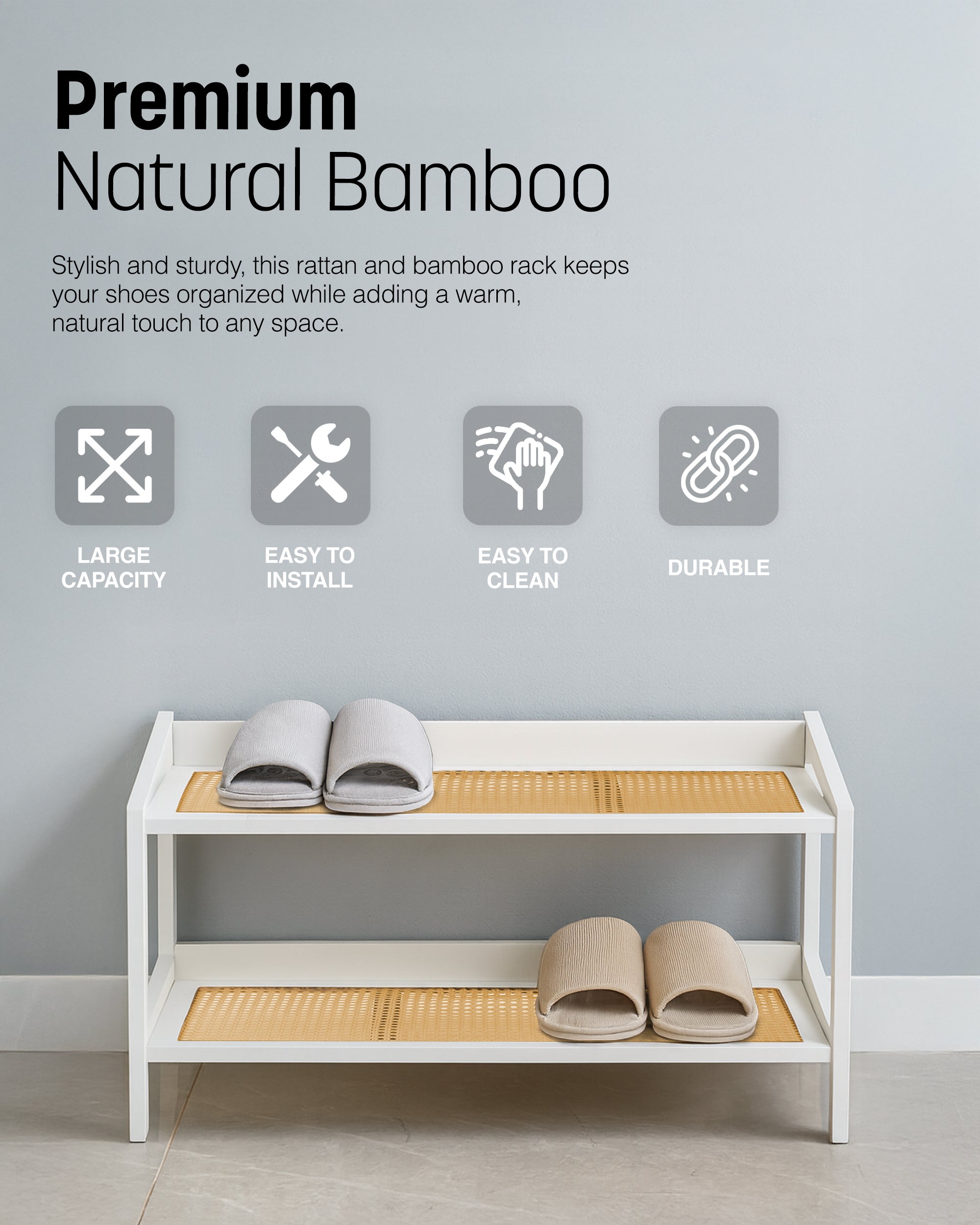 KEPLIN 2/3/4 Tier Bamboo and Rattan Shoe Rack Organiser – Eco-Friendly, Durable, Easy Assembly – Compact Design for Entryway, Closet, or Hallway – Stylish and Functional Storage – Black and Natural