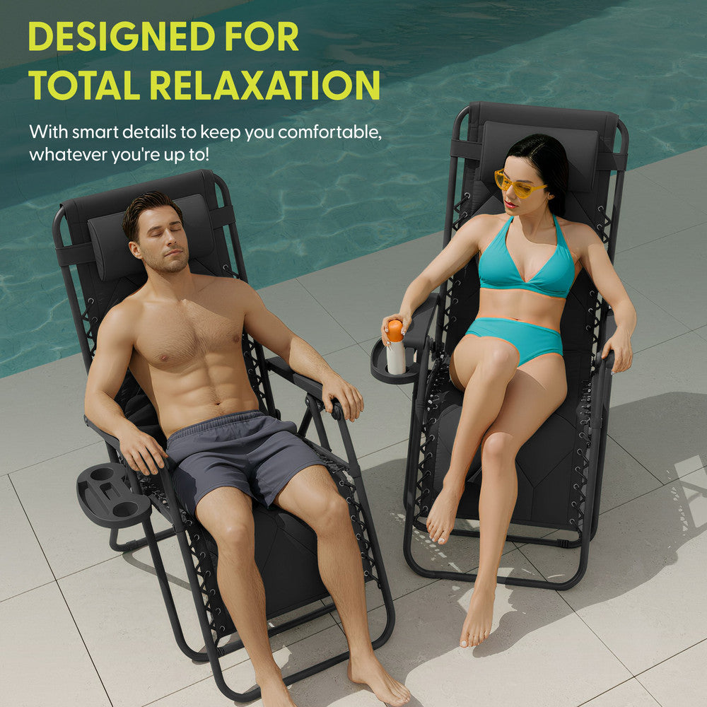 KEPLIN Set of 2 XXL Premium Heavy Duty Quilted Zero Gravity Chairs - Luxurious Garden Recliners, Adjustable Headrest, Cup & Phone Holder, Foldable, Easy to Clean Patio Sun Loungers