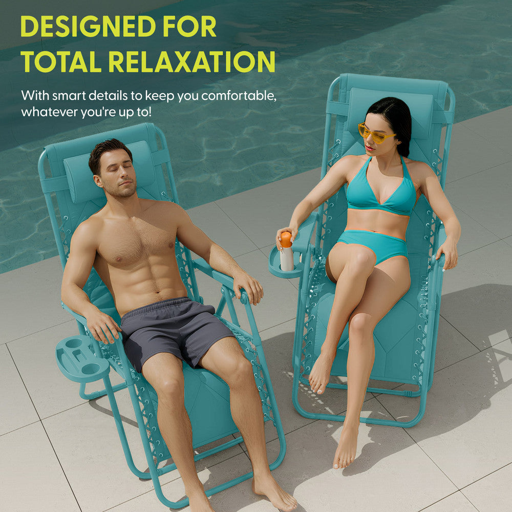 KEPLIN Set of 2 XXL Premium Heavy Duty Quilted Zero Gravity Chairs - Luxurious Garden Recliners, Adjustable Headrest, Cup & Phone Holder, Foldable, Easy to Clean Patio Sun Loungers