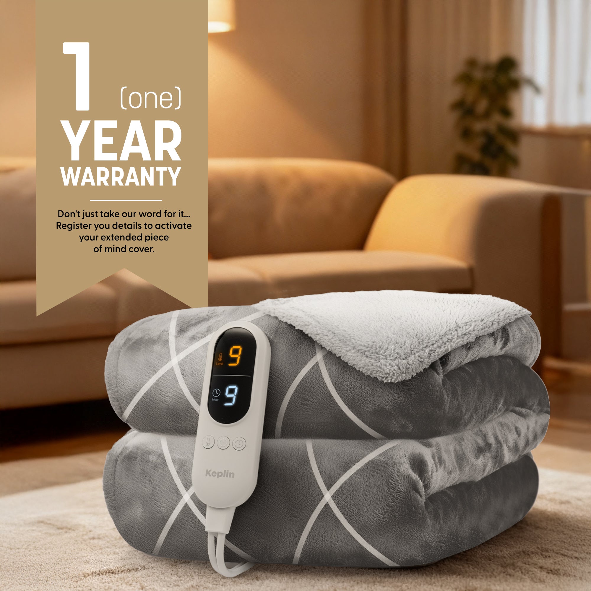 Electric Heated Throw Blanket - Machine Washable Fleece Wool Duvet, 9 Heat Settings & Timer, 1 Year Warranty