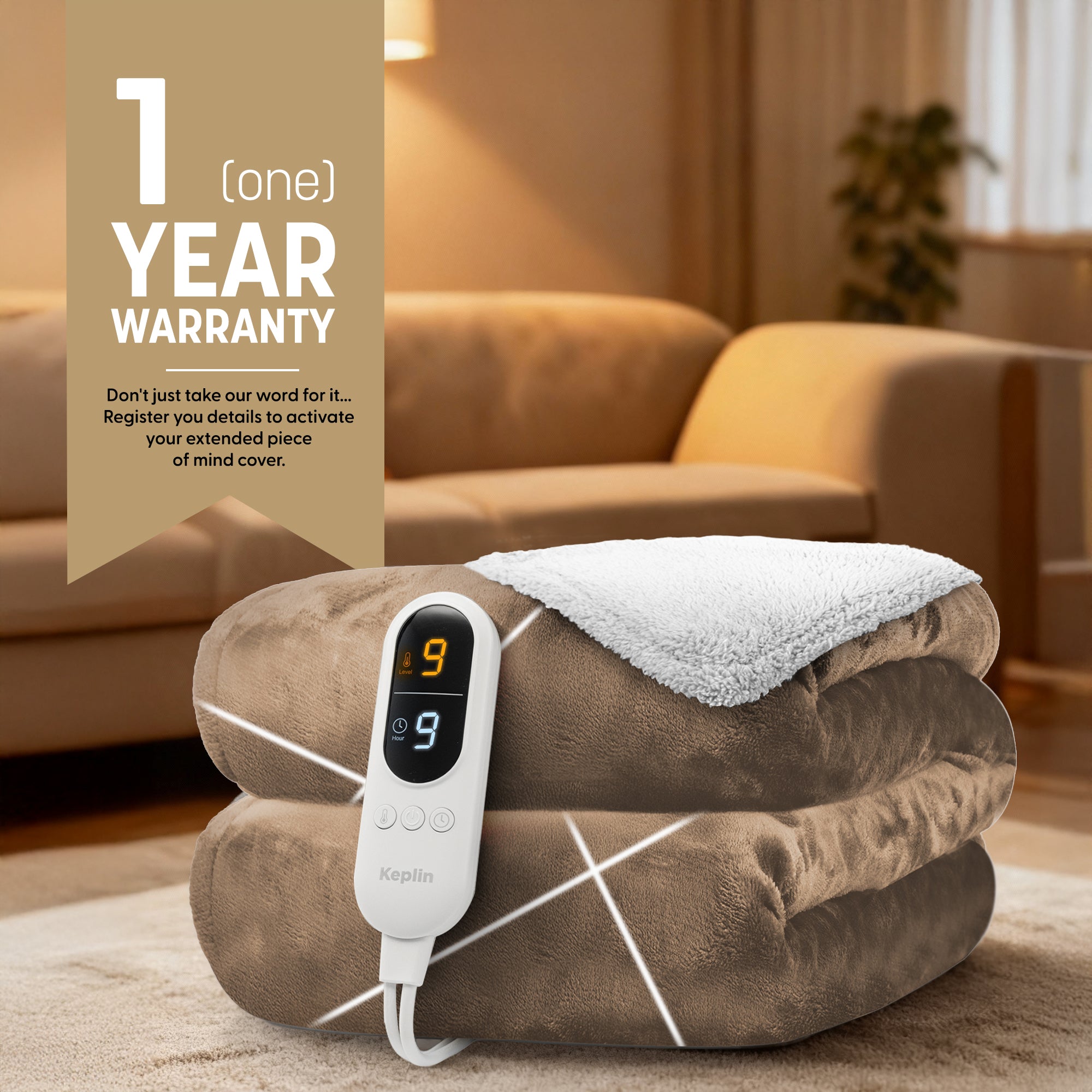 Electric Heated Throw Blanket - Machine Washable Fleece Wool Duvet, 9 Heat Settings & Timer, 1 Year Warranty