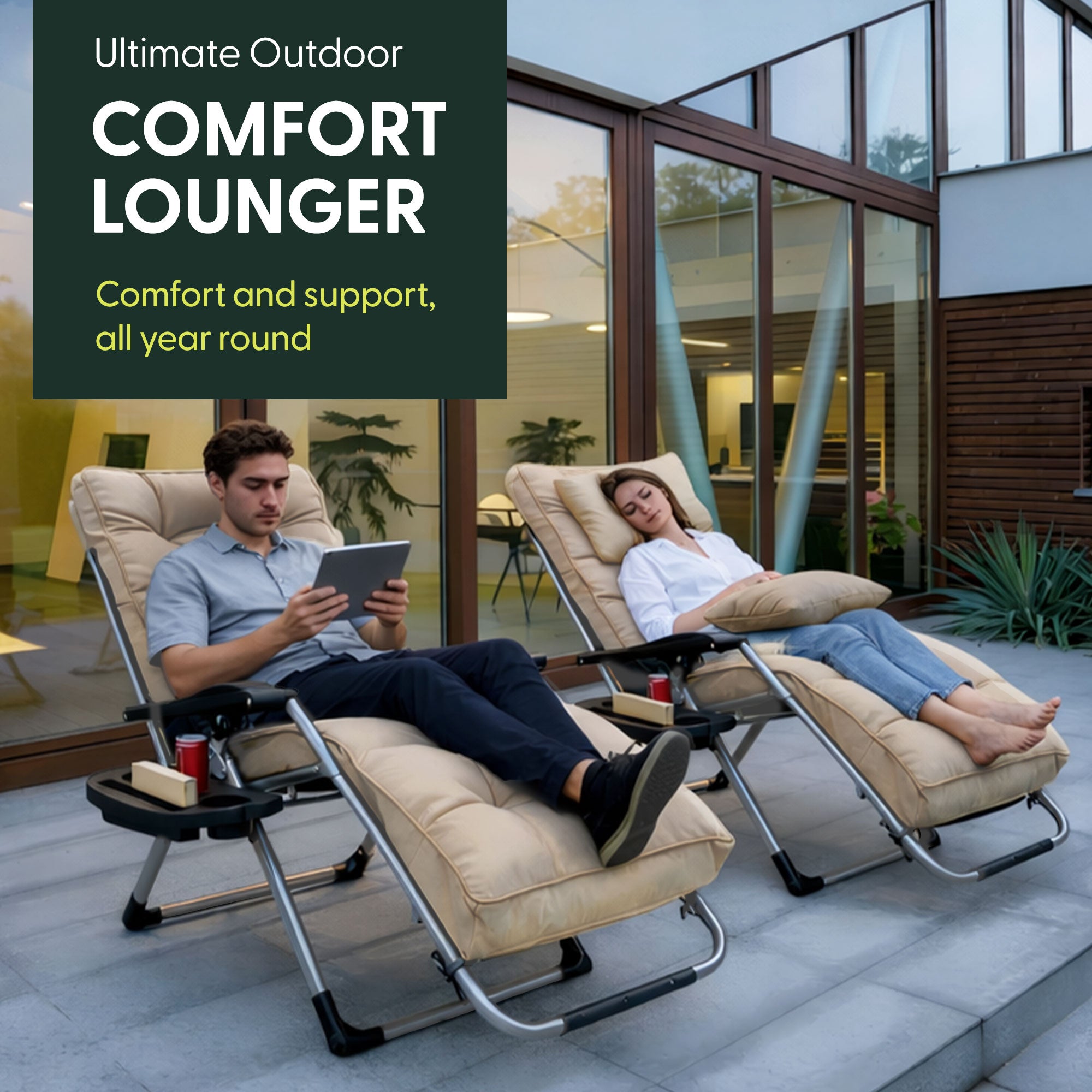 KEPLIN Square Tube Gravity Chair with Cushion – Extra-Wide 72cm Recliner, Adjustable Zero Gravity Lounger, Reinforced Frame, Supports 150kg, Premium Comfort for Indoor & Outdoor Relaxation