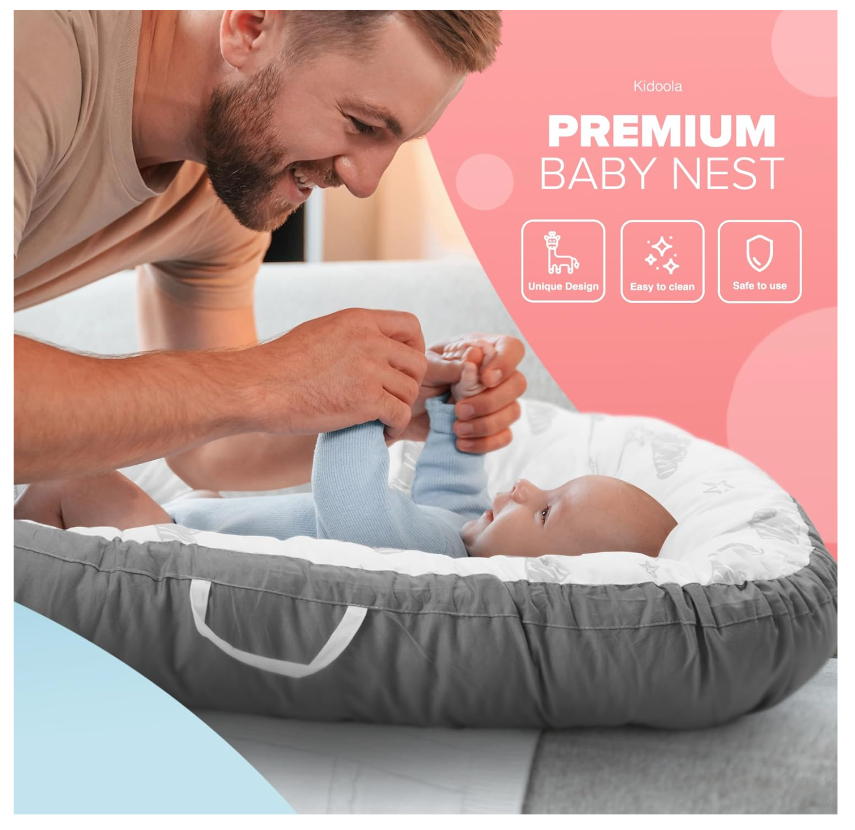 Kidoola Newborn Baby Nest Lounger - 100% Cotton, Washable, Safe and Breathable Fabric 0-12 Months Unisex Ideal for Home, Travel & Baby Essential Gift (Animals)