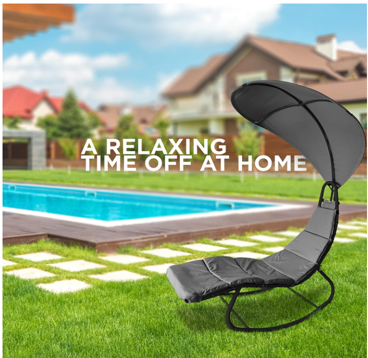 Heavy Duty Textoline Hammock Sun Lounger with Canopy - Grey & Black