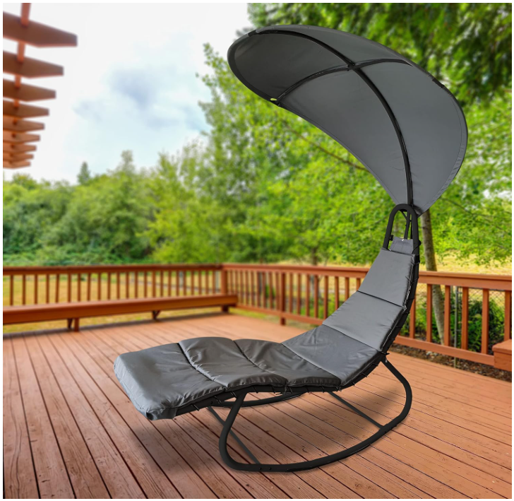 Heavy Duty Textoline Hammock Sun Lounger with Canopy - Grey & Black