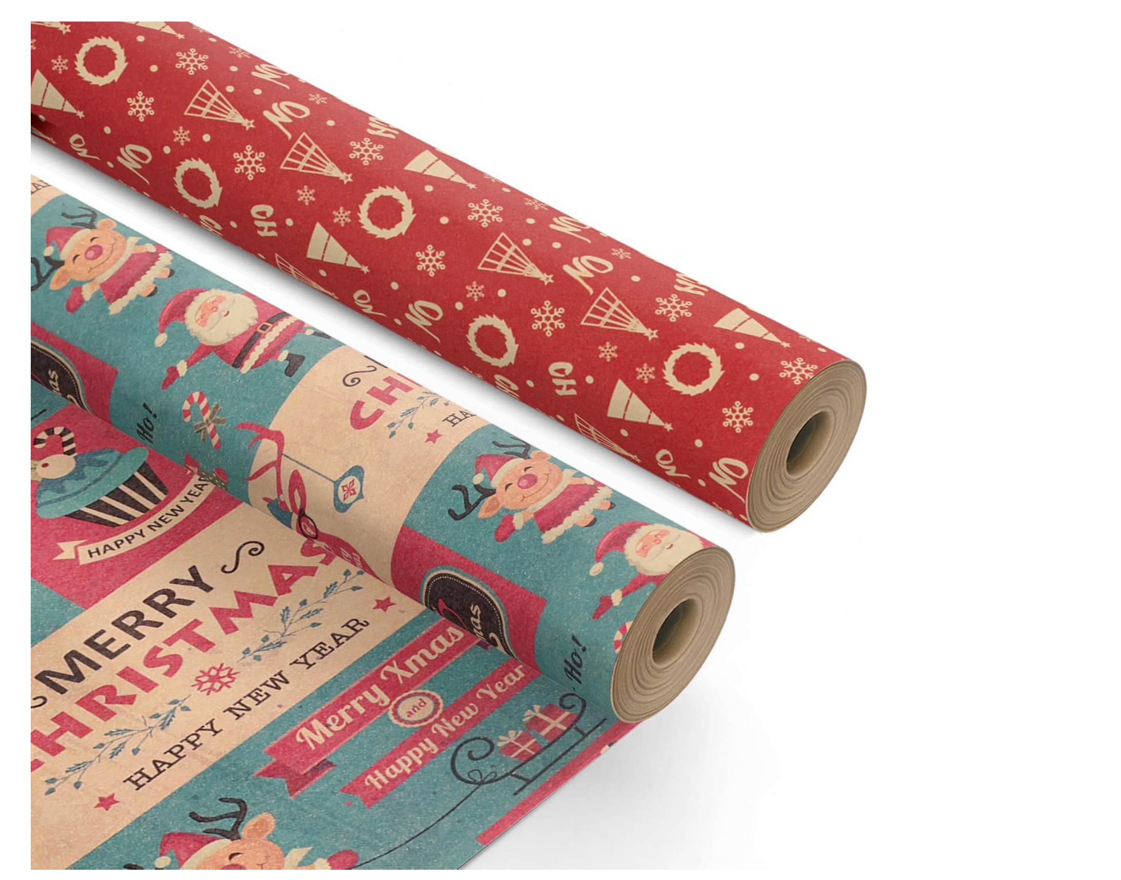 Kraft & Co 2 Pack Christmas Wrapping Paper Roll - Festive Designed Recyclable Kraft Paper, Perfect for Holiday Gifts, Arts & Crafts-Wrapping for a Merry Christmas (44.5cm x 25m)
