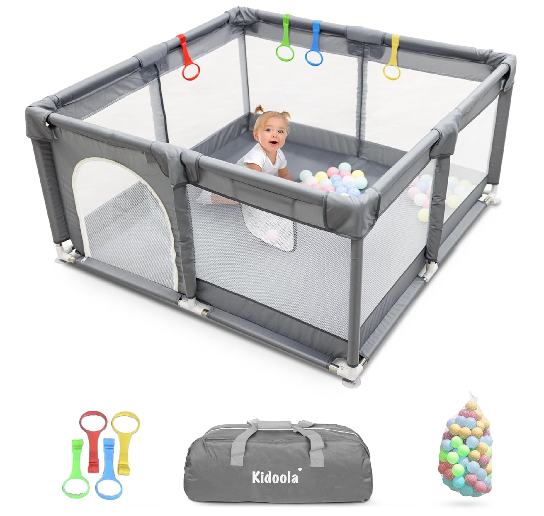 KIDOOLA Large Baby Playpen with Padded Frame & Mesh Walls – Includes Balls & Pull Rings for Indoor & Outdoor Fun (127 x 127 x 65 cm)