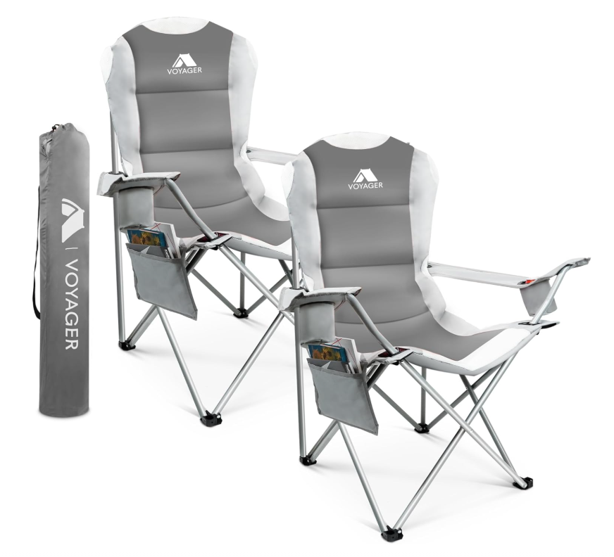 Voyager 2 Pack Padded Camping Chairs - with Cup Holder and Side Pockets