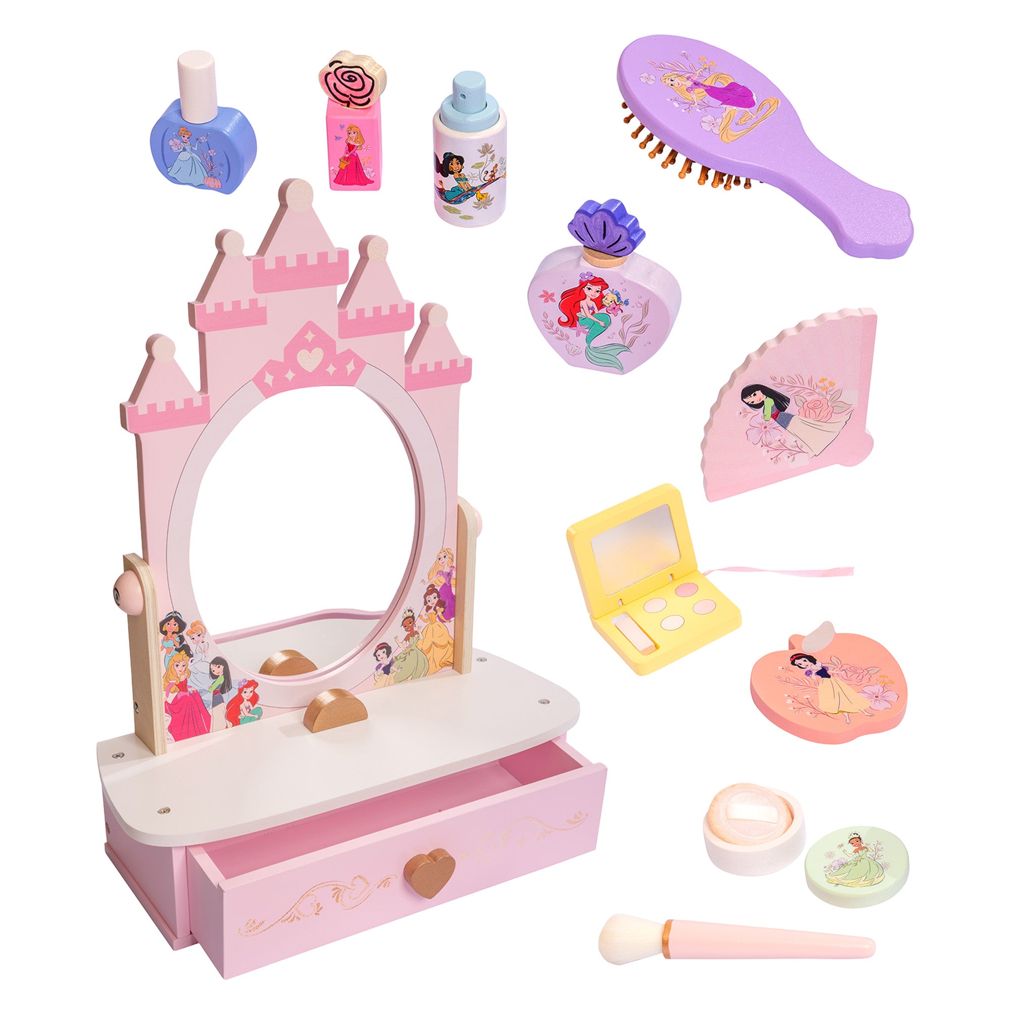 Disney Princess Tabletop Vanity - 12 Piece Wooden Pretend Play Makeup Set