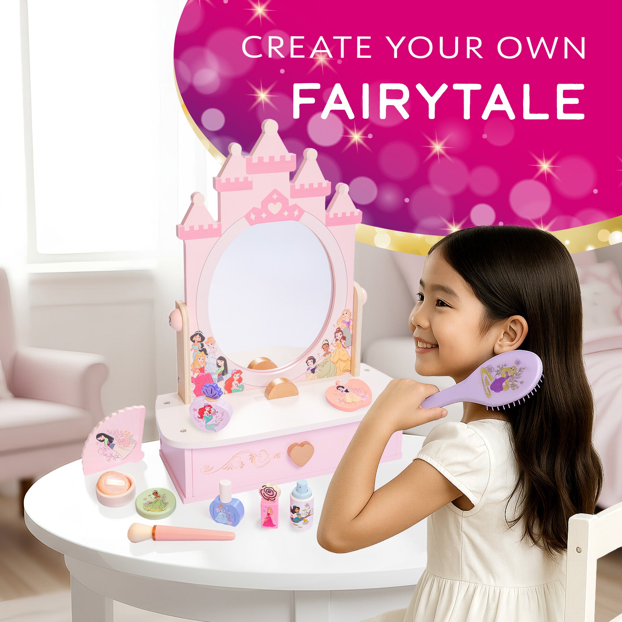 Disney Princess Tabletop Vanity - 12 Piece Wooden Pretend Play Makeup Set