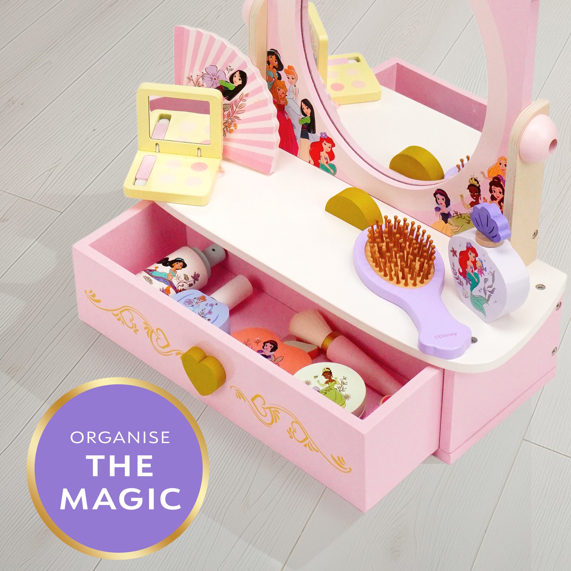 Disney Princess Tabletop Vanity - 12 Piece Wooden Pretend Play Makeup Set